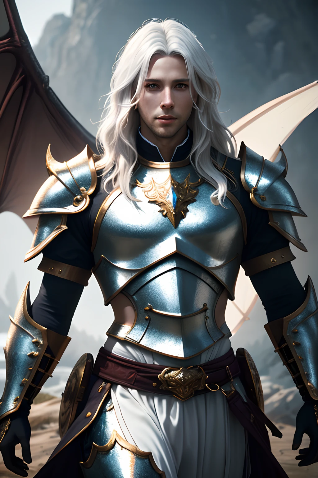 masterpiece, ultra detailed photography of a gorgeous humanoid dragon male, 1guy, (((36 year old male))), perfectly drawn face, wearing a luxury white battle armor, luxurious gloves, 8k resolution, photorealistic, ultra-high quality, king, opulent detailed background, covered navel, 32k, messy long length white hair, full lips, curvy guy, perfect anatomy, cinematic lighting, intricately detailed, white tetradic color, volumetric lighting,