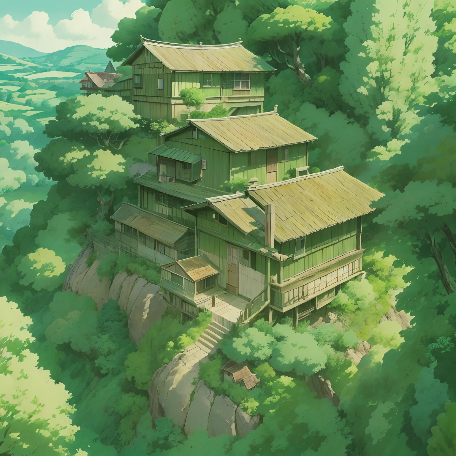 animesque、Background art、Beautiful Landscapes、Deities々Shikai、Natural objects、Studio Ghibli style、You can feel the feel of the brush、countryside view
