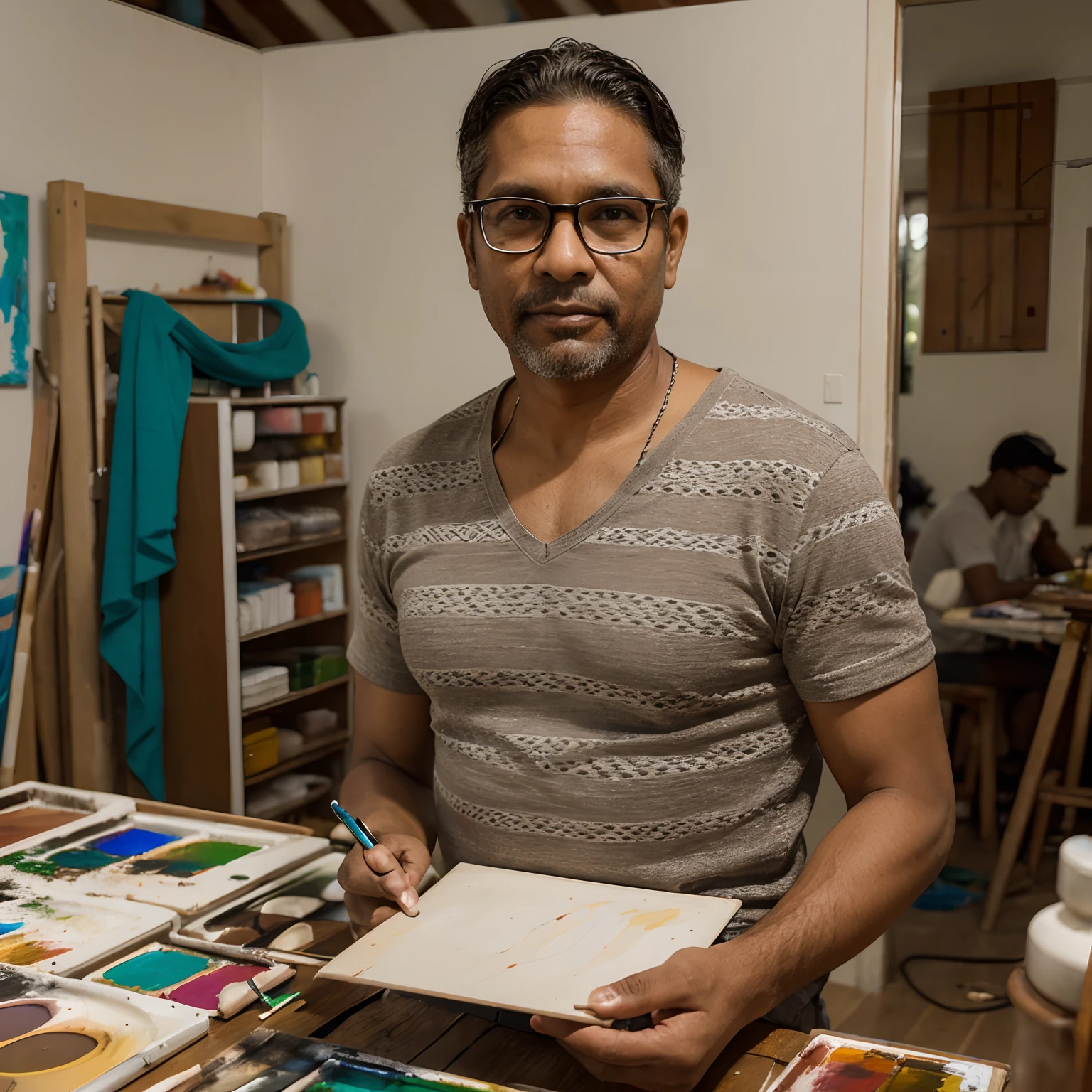 A 43-year-old painter who loves to draw and paint every day, he wears glasses and has brown skin from the city of PIRAPEMAS do Maranhão