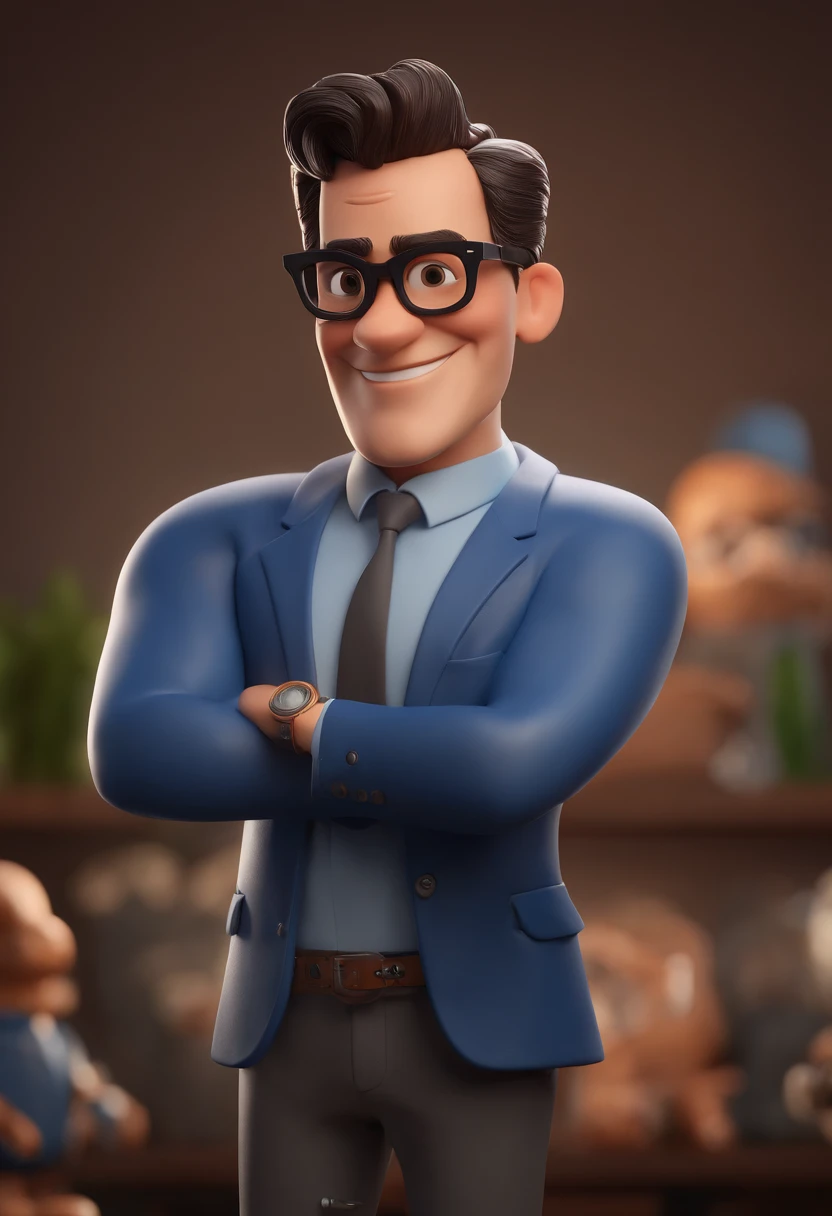 Cartoon character of a man with black glasses and a blue shirt, animation character, Caractere estilizado, animation style rendering, 3D estilizado, Arnold Maya render, 3 d render stylized, toon render keyshot, Personagem 3D, Personagem 3D, 3d rendering stylized, 3 d character render, personagem de desenho animado, Personagem de close up, Pose de personagem,  (Estilo Pixar) (master part:1.2) (Bokeh) (best quality) (pele detalhada) (textura detalhada) (8k) (argila) (Cinematic lighting) (foco nítido