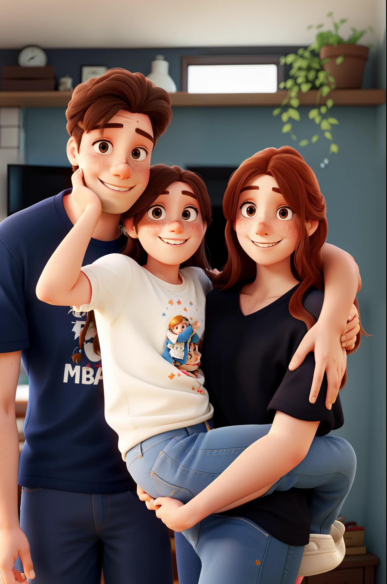 Three people, a man, a woman and a girl with long hair a freckles on the woman’s lap, posing as a happy family for a picture, home picture, against a blurry background.