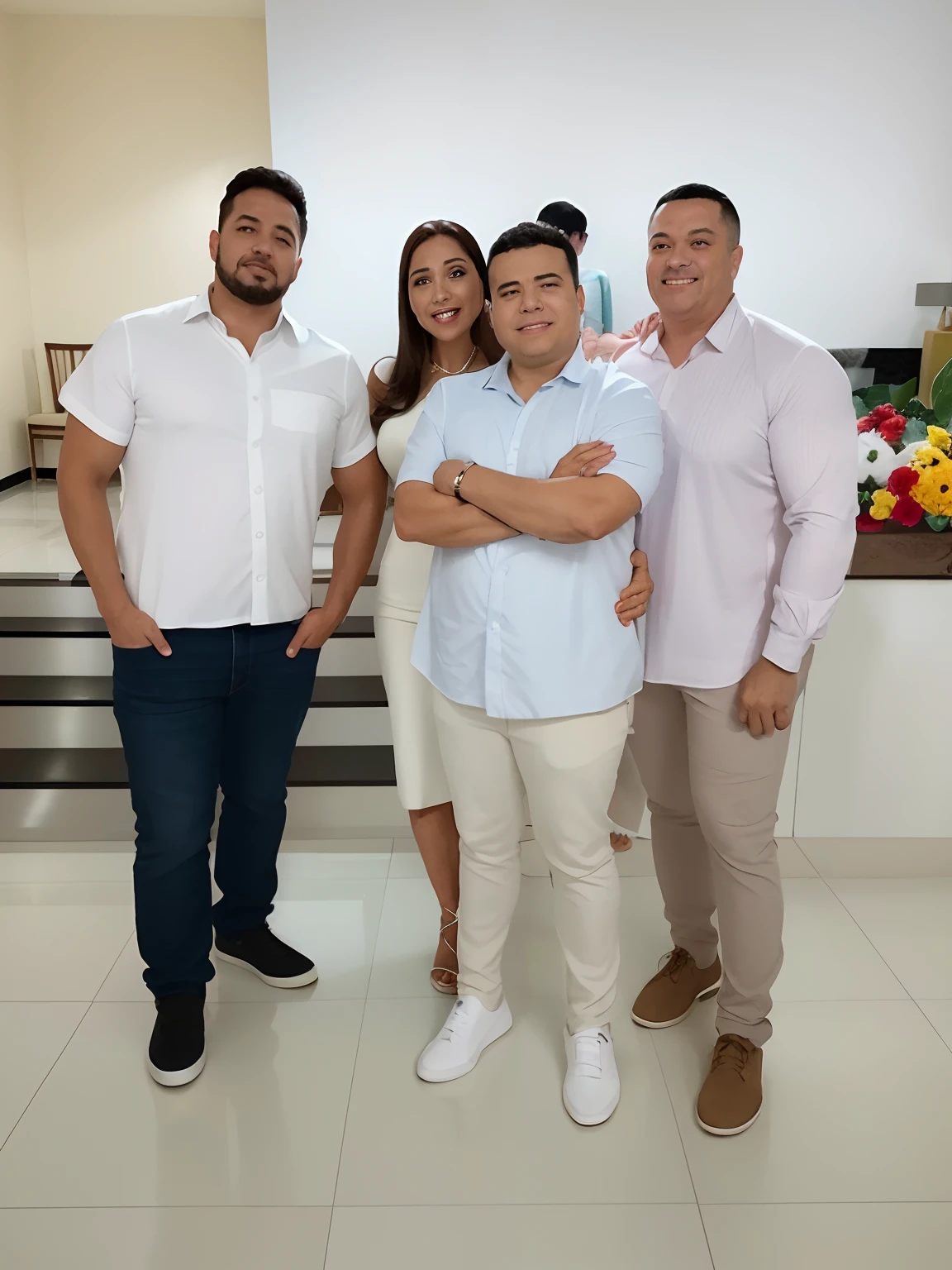 Three men and a woman standing in a room with white tile floor, Foto realista, Directed by: Nandor Soldier, belos arredores, Happy family, Fotografia tirada em 2 0 2 0, coluna, imagem de perfil, Directed by: David Ruby, por Julius como se, Family photo, family portrait, bela foto, muito definido