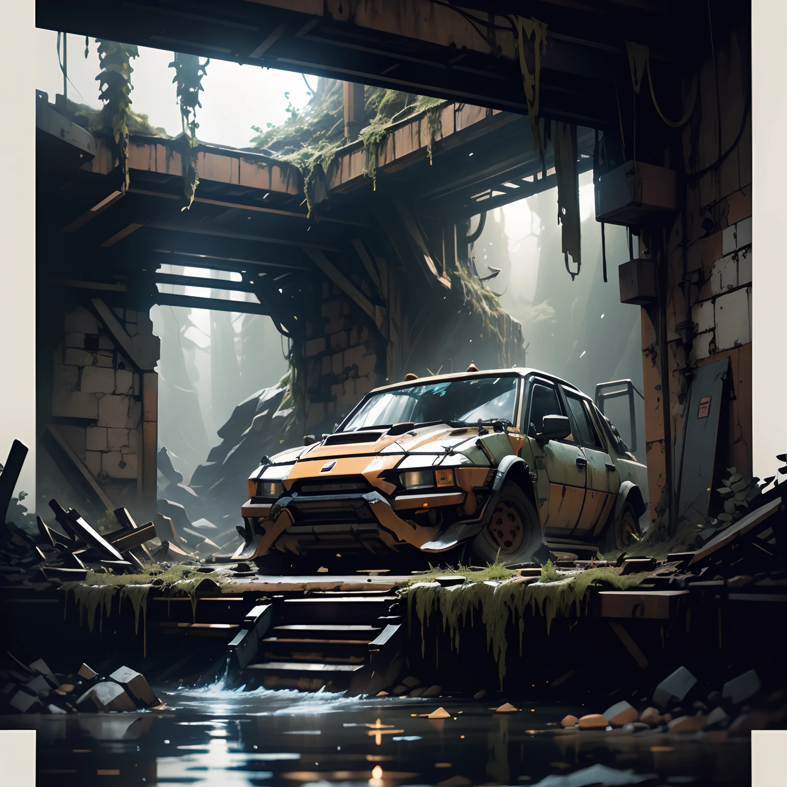 Visualize an underground cave with a underground lake, light rays pierce the dark cave, vines coming down from an opening in the cave above, mossy rocks line the interior walls, a war torn damaged Gundam decaying for centuries laying in a pool of water, the exoskeleton torso frame seems to have merged with the surroundings, in a seated pose, pool of water, parts of its body have been damaged and a battle that left it non-operational, rust had eaten away at its majestic paint job leaving behind only the faint words "DAINOMYTE", chest cockpit seems to have been open by the pilot, no power, water still trickling down on head from opening above, foggy below, , broken and old, mecha, 6000, robot, 8k , super details, Photorealistic, film quality, ultra detailed, dynamic lighting