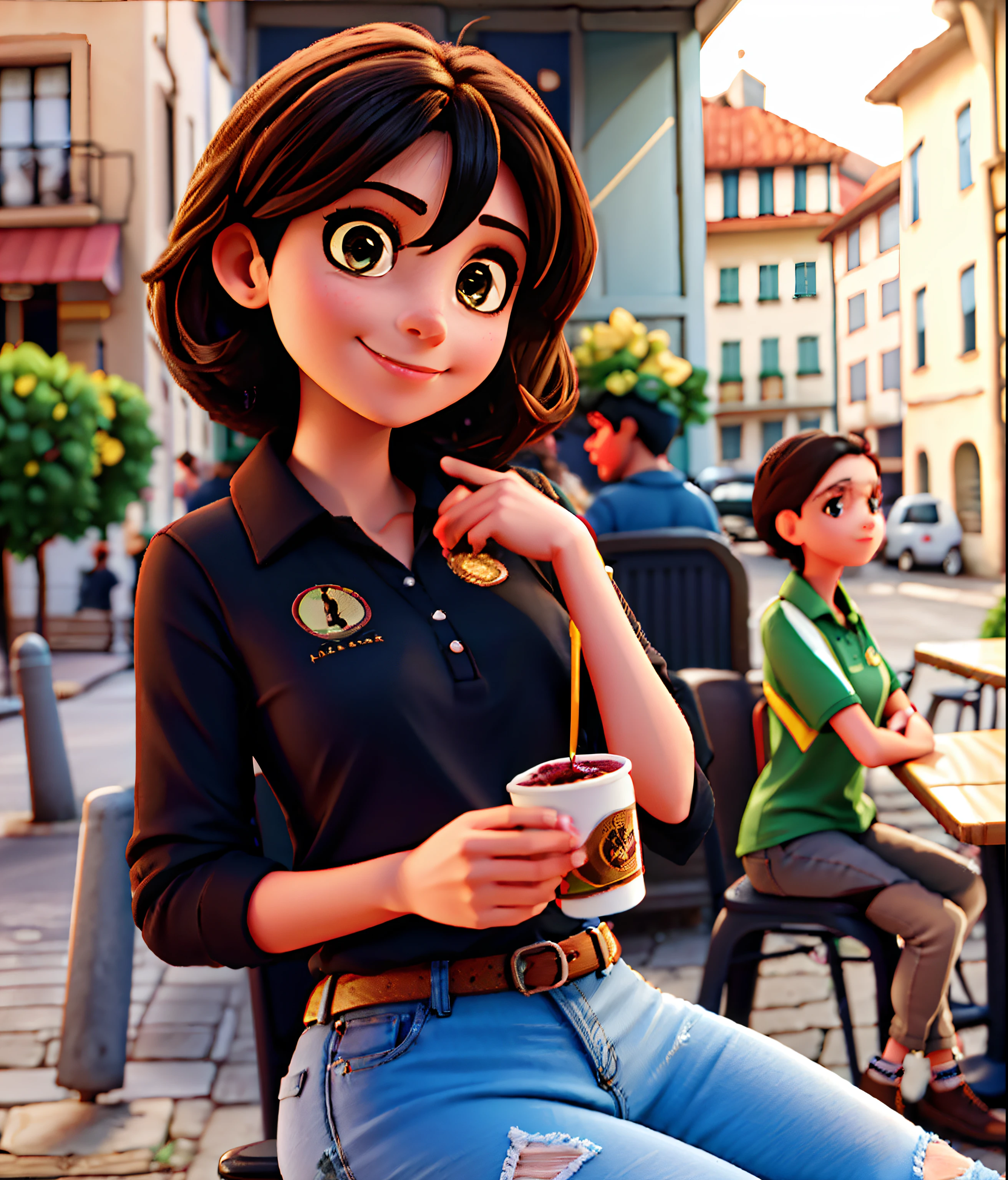 Beautiful Brazilian woman sitting and drinking coffee outside on the side of the street in a small café, beautiful face, Short black hair down to the nape of her neck with brown eyes and heavy eyeshadow, Wearing jeans and a black polo shirt, grande estilo de moda, looking at you with loving eyes and a soft smile, Background is a European city of the city center, fundo desfocado, profundidade de campo rasa, Cinematic light, luz suave, retroiluminado, micro-detalhes, renderizado, fotorrealista, cinemactic, 85mm 1.4