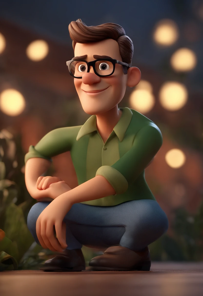 Cartoon character of a man wearing black glasses and a blue shirt, um personagem animado, Caractere estilizado, animation style rendering, 3D estilizado, Arnold Maya render, 3 d render stylized, toon render keyshot, Personagem 3D, Personagem 3D, 3d rendering stylized, 3 d character render, personagem de desenho animado, Personagem de close up, Pose de personagem, (Estilo Pixar) (master part:1.2) (Bokeh) (best quality) (pele detalhada) (textura detalhada) (8k) (argila) (Cinematic lighting) (foco nítido,Senta e vaza a parte superior do corpo