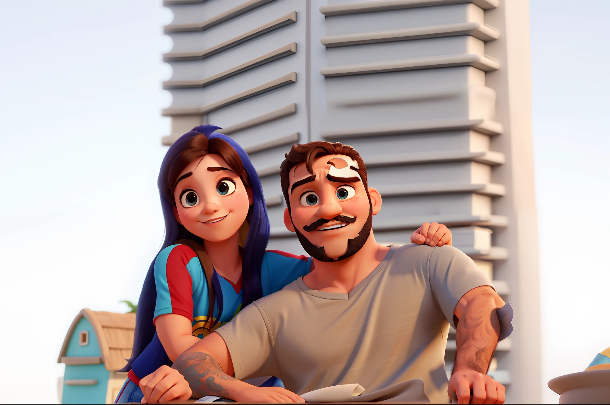 casal, homem pardo com bigode loiro, sem blusa e mulher morena, cabelo liso e blusa azul no estilo Disney Pixar, alta qualidade, melhor qualidade