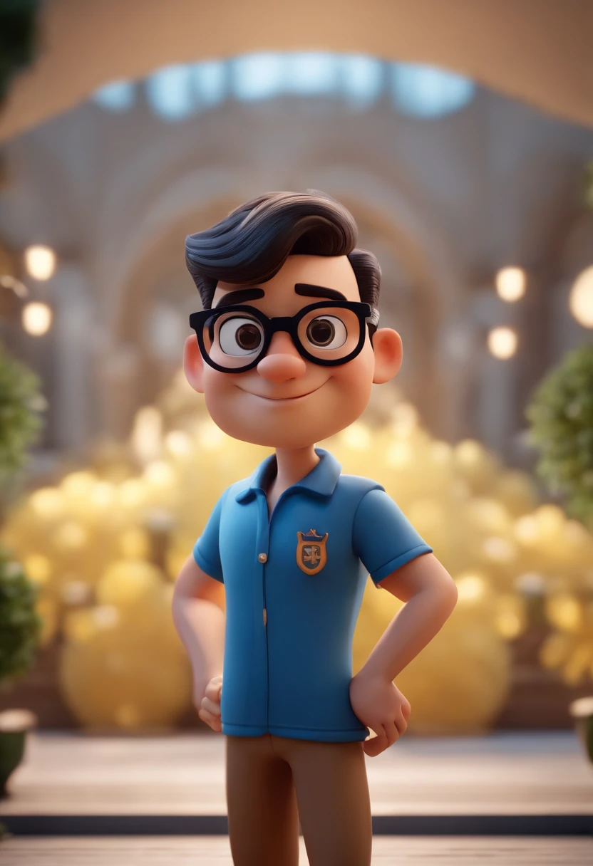 Cartoon character of a man wearing black glasses and a blue shirt, um personagem animado, Caractere estilizado, animation style rendering, 3D estilizado, Arnold Maya render, 3 d render stylized, toon render keyshot, Personagem 3D, Personagem 3D, 3d rendering stylized, 3 d character render, personagem de desenho animado, Personagem de close up, Pose de personagem, (Estilo Pixar) (master part:1.2) (Bokeh) (best quality) (pele detalhada) (textura detalhada) (8k) (argila) (Cinematic lighting) (foco nítido,Senta e vaza a parte superior do corpo
