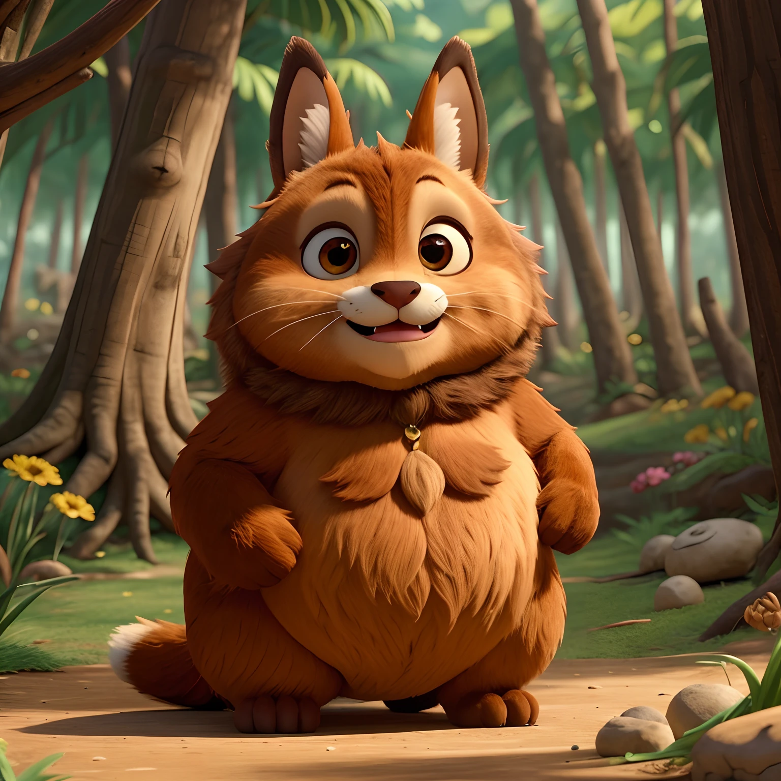 raposa, ( monstro), orelhas castanhas longas com castanho mais escuro no interior, pelo marrom, Tanned neck fluff, Cauda fofa marrom com uma ponta bronzeada, grandes olhos castanhos, usando roupas modestas, sentado em um jardim de flores, master part, best quality