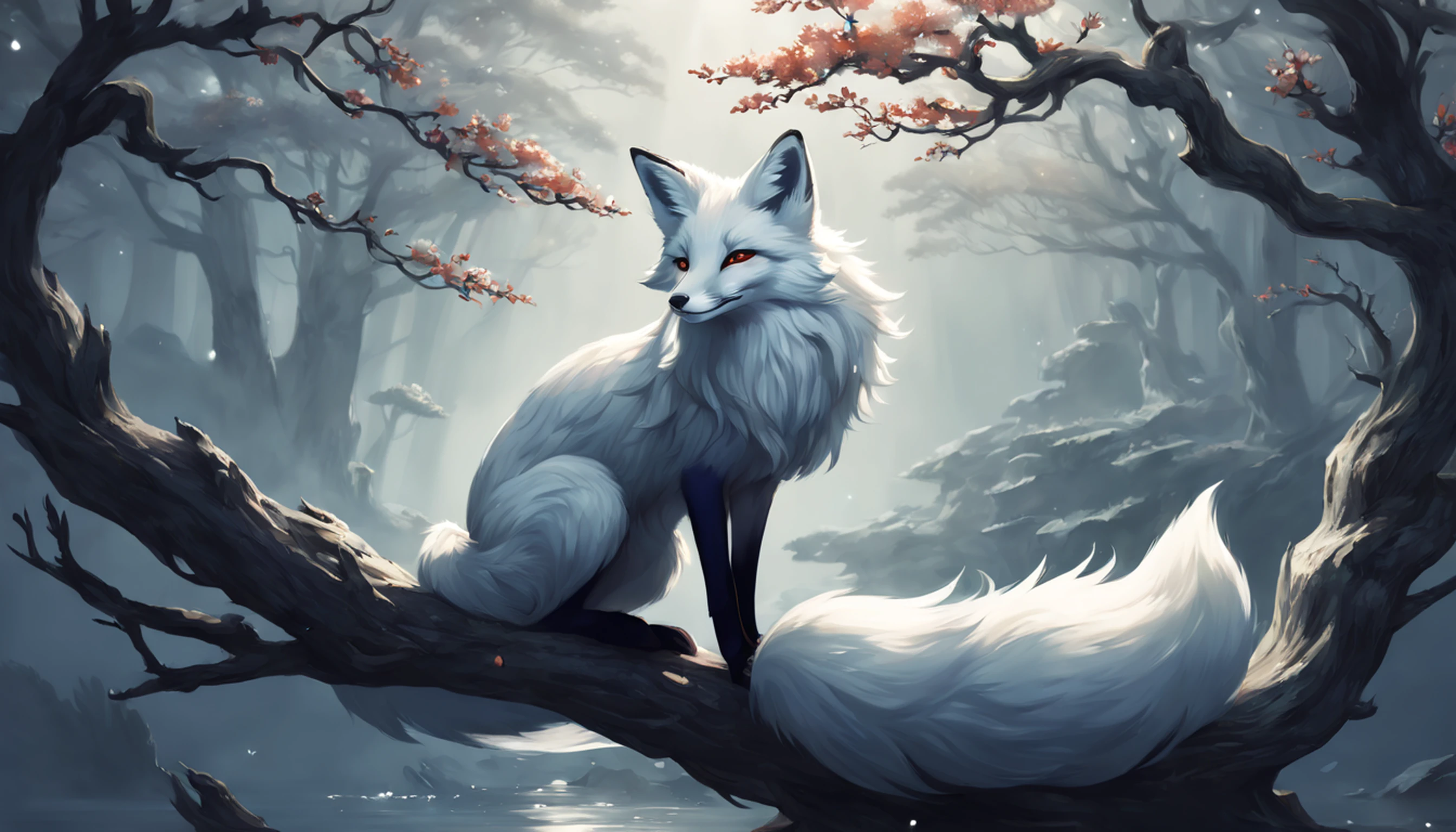 Drawing of a fox with white hair sitting on a branch, ethereal fox, nine-tailed fox, fox three-tailed fox, onmyoji detailed art, nine-tailed, beautiful artwork illustration, mythological creature, fox, beautiful Digital artwork, exquisite digital illustrations, mizutsune, inspired by mythical creatures Wildnet, digital art on pixiv, strong light, high contrast, horror movie theme, dark atmosphere