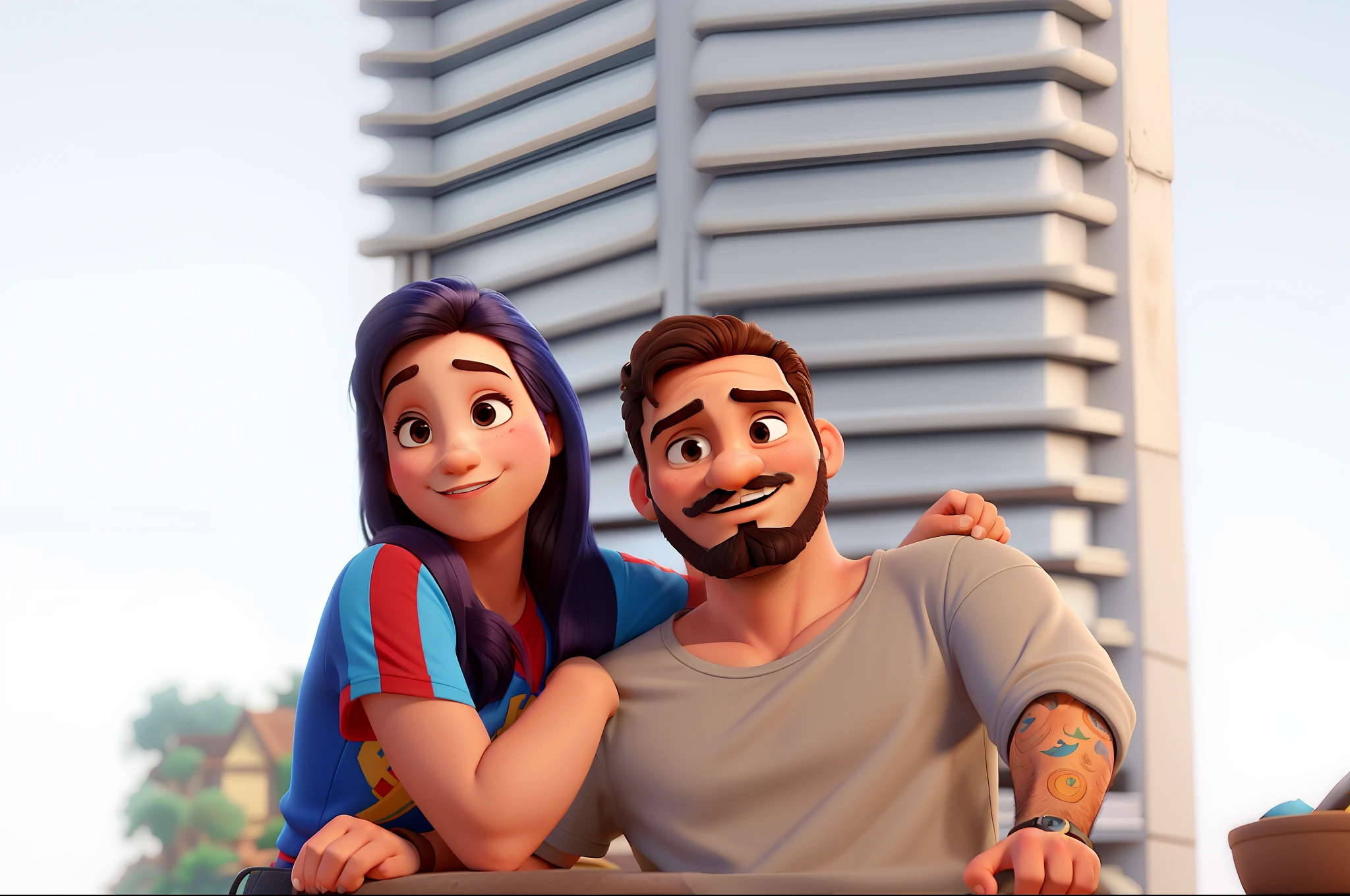 casal, homem pardo com bigode loiro, sem blusa e mulher morena, cabelo liso e blusa azul no estilo Disney Pixar, alta qualidade, melhor qualidade