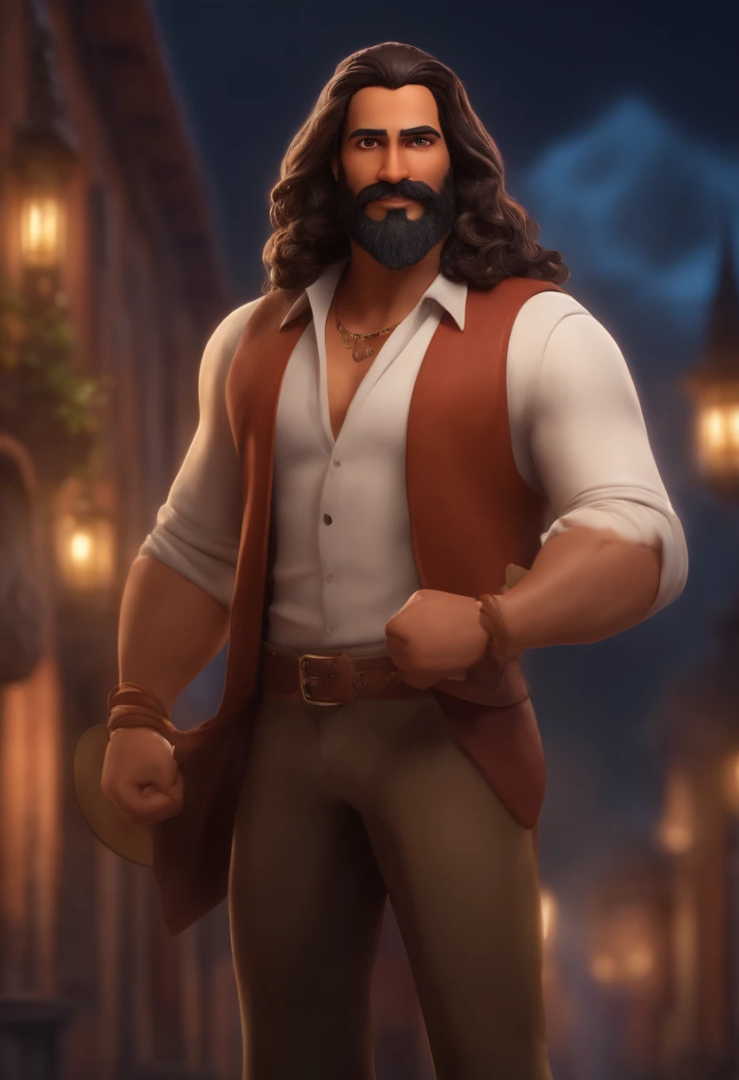 A man with long hair and a beard, character Icaro Carvalho, character Caio Santos, character David Rios Ferreira, Avatar image, character Andrea Rocha, character Edu Souza, aged around 35 years old, Pixar cartoon style, vibrant colors, playful lighting, (best quality, 4k, highres, masterpiece:1.2), ultra-detailed, realistic:1.37, fine brush strokes, vivid expressions, dynamic poses, vibrant background, magical atmosphere, whimsical details, playful storytelling, lively and energetic characters, expressive eyes, flowing hair with intricate details.
