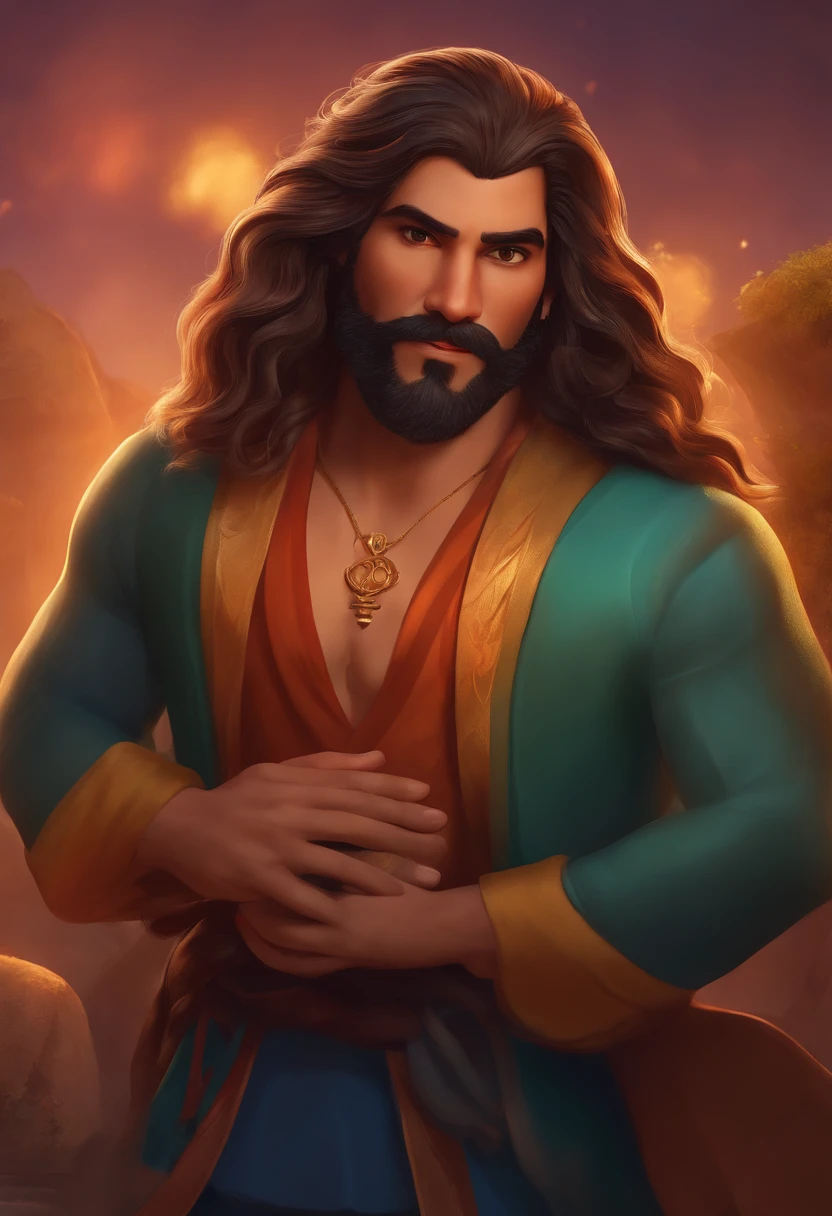 A man with long hair and a beard, character Icaro Carvalho, character Caio Santos, character David Rios Ferreira, Avatar image, character Andrea Rocha, character Edu Souza, aged around 35 years old, Pixar cartoon style, vibrant colors, playful lighting, (best quality, 4k, highres, masterpiece:1.2), ultra-detailed, realistic:1.37, fine brush strokes, vivid expressions, dynamic poses, vibrant background, magical atmosphere, whimsical details, playful storytelling, lively and energetic characters, expressive eyes, flowing hair with intricate details.