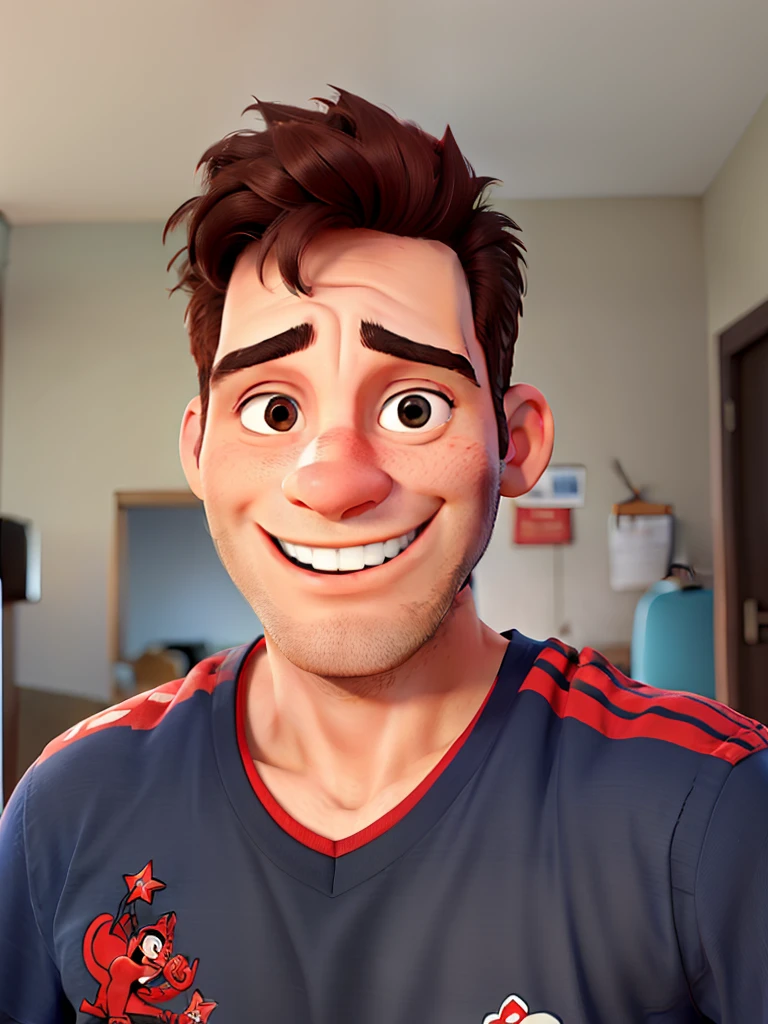 Homem com camiseta vermelha sorrindo