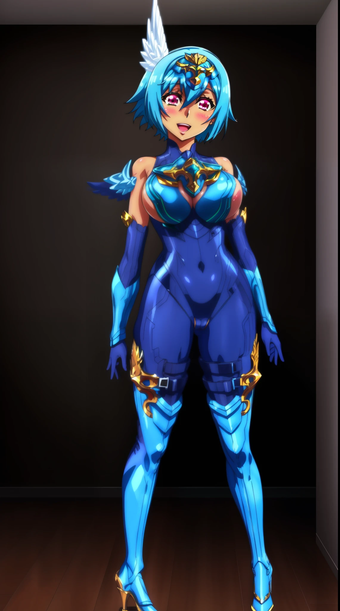sandalphon (the seven heavenly virtues), masterpiece, best quality, 1girl, solo, short hair, blue hair, red eyes, blush, wings, open mouth, armor, gloves, head wings, full body, boots, white body suit, smile, big breast, tall, latex suit,pantyhose, scarf,
