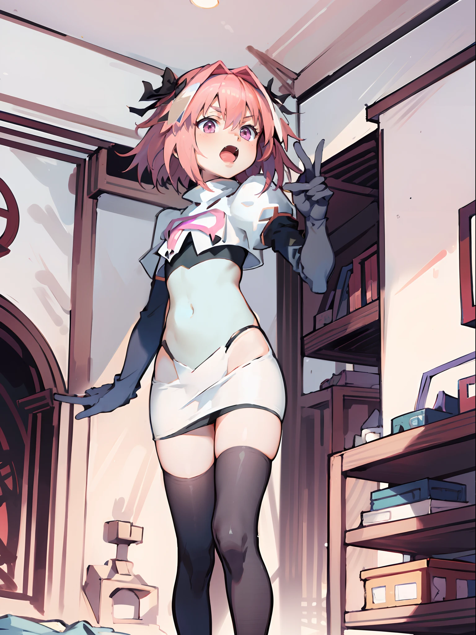 absurdres, masterpiece, best quality, (astolfo fate:1.2155), 1boy, male focus, trap, pink multicolored hair, pink hair, white hair, hair intakes, long hair, pink detailed eyes, crossdressing,1boy,team rocket,team rocket uniform,white skirt,crop top,black thigh-highs,black elbow gloves,
