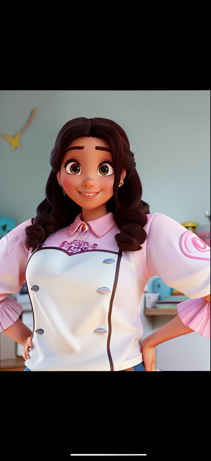 Poster 3D inspirado na Disney Pixar capturando uma cena com uma mulher de 23 anos, pele morena, olhos castanhos e cabelo comprido cacheado castanho claro , na boca sorridente batom marrom, vestindo um avental rosa claro, A kitchen with pink cabinets on the wall, e na outra parede com quadros, She's making a cream cake and has cupcakes and brigadeiros and a mixer on the table