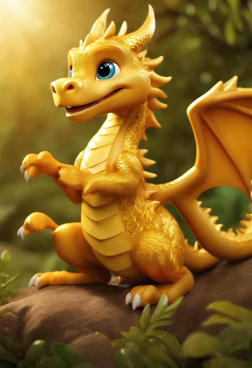 Magazine poster，(((Cartoon Character 1.3)))，(((Super cute golden dragon)))，Naughty expression，HD Real，Golden scales，Hey hey eyes，Flying figure，HD picture，Sony SLR lens，Shoot at medium distance，Soft lighting，