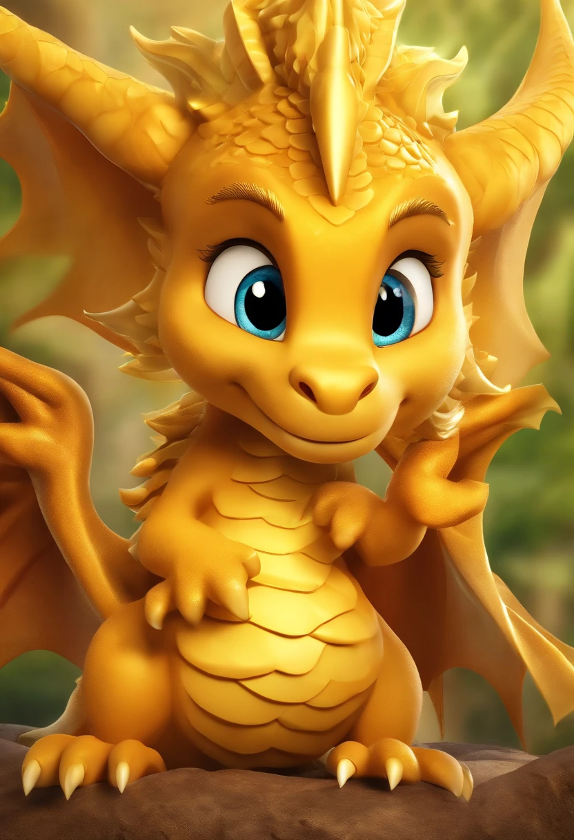 Magazine poster,(((Cartoon Character 1.3))),(((Super cute golden dragon))),Naughty expression,HD Real,Golden scales,Hey hey eyes,Flying figure,HD picture,Sony SLR lens,Shoot at medium distance,Soft lighting,