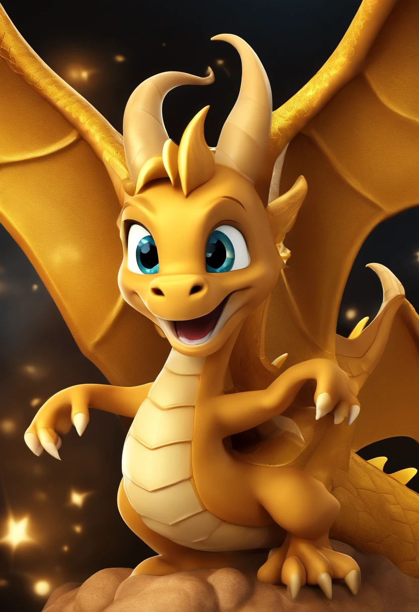 Magazine poster，(((Cartoon Character 1.3)))，(((Super cute golden dragon)))，Naughty expression，HD Real，Golden scales，Hey hey eyes，Flying figure，HD picture，Sony SLR lens，Shoot at medium distance，Soft lighting，