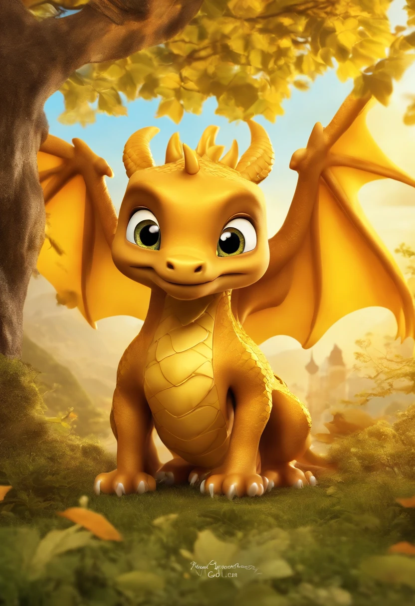 Magazine poster,(((Cartoon Character 1.3))),(((Super cute golden dragon))),Naughty expression,HD Real,Golden scales,Hey hey eyes,Flying figure,HD picture,Sony SLR lens,Shoot at medium distance,Soft lighting,