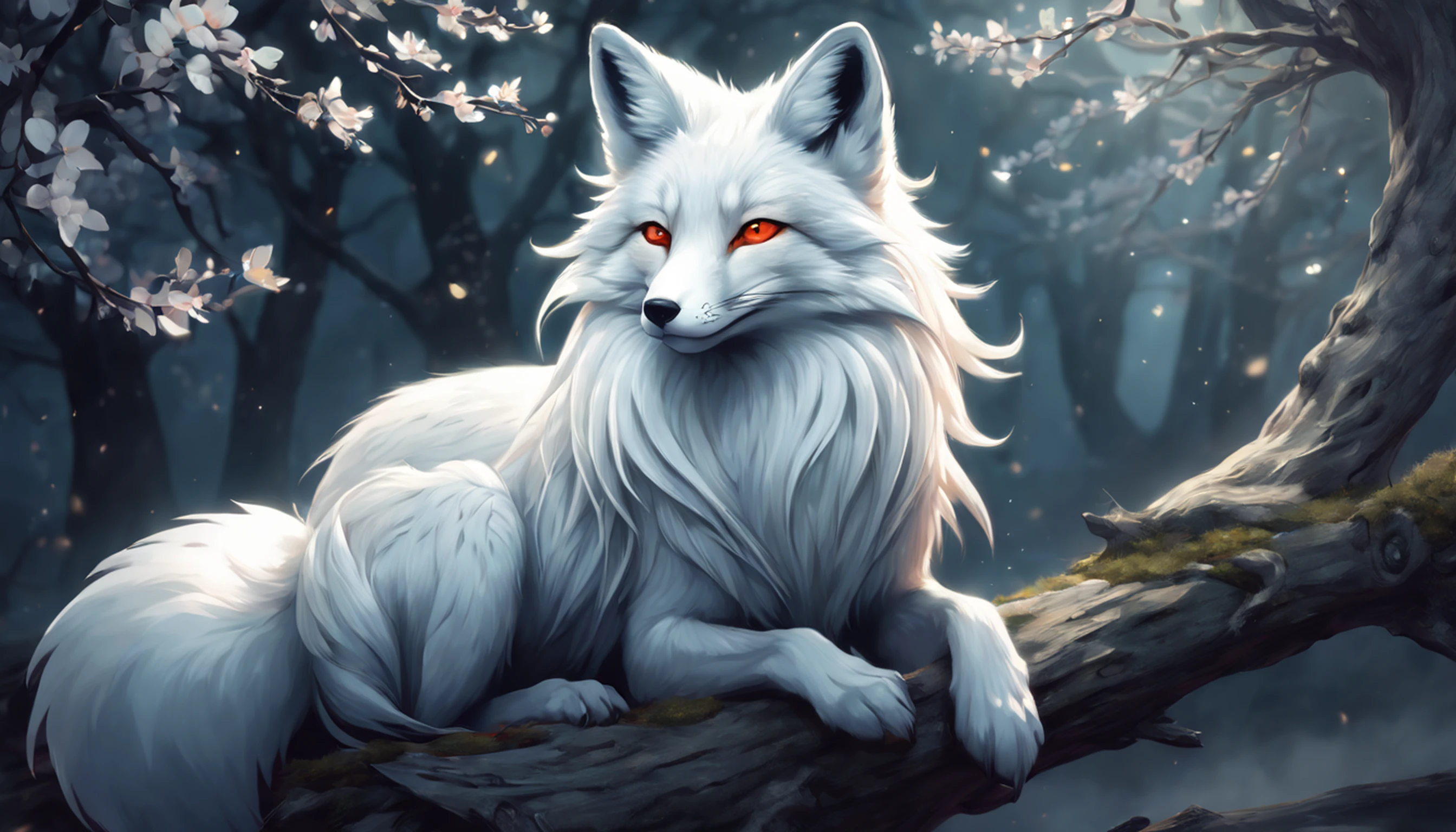 Drawing of a fox with white hair sitting on a branch, ethereal fox, nine-tailed fox, fox three-tailed fox, onmyoji detailed art, nine-tailed, beautiful artwork illustration, mythological creature, fox, beautiful Digital artwork, exquisite digital illustrations, mizutsune, inspired by mythical creatures Wildnet, digital art on pixiv, strong light, high contrast, horror movie theme, dark atmosphere