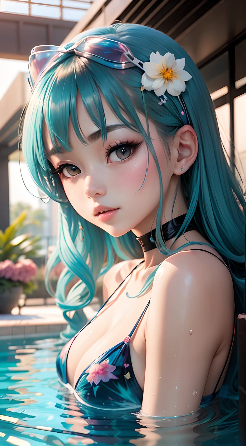 The enigmatic manga girl by the swimming pool boasts an original, alluring transparent colorful ensemble that teases with its daring yet elegant design, her stunning beauty complemented by a subtle air of mystery that keeps others captivated and intrigued. (girl) (cute) (sexy) (beautiful face) ((masterpiece))
