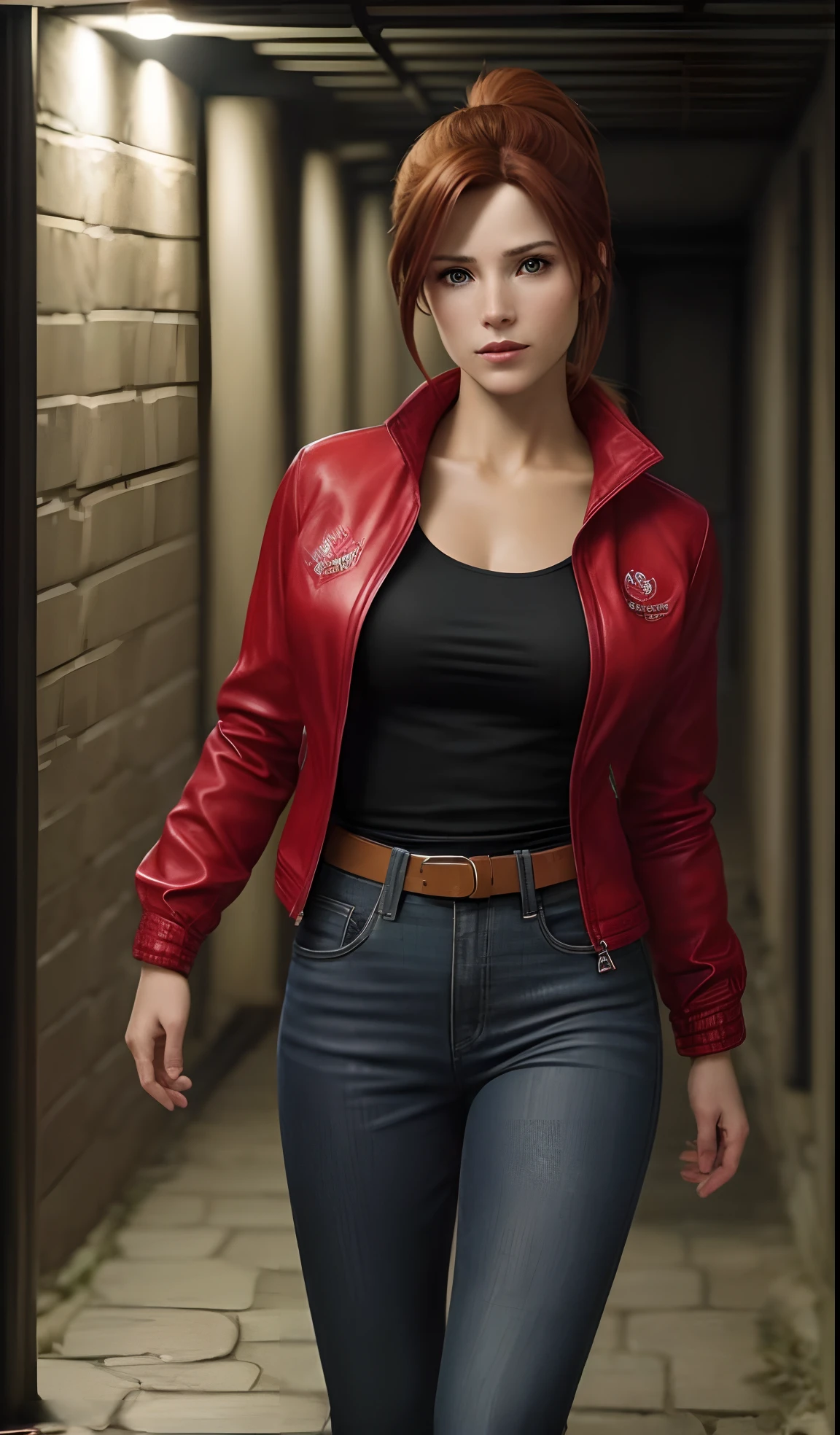 arafed woman in a red leather jacket and jeans walking down a hallway, cool red jacket, red jacket, red leather jacket, wearing red jacket, resident evil inspired, leather clothing, glamorous jill valentine, red leather short coat, female lead character, wearing cyberpunk 2 0 7 7 jacket, realistic clothing, red and cinematic lighting, background of resident evil game