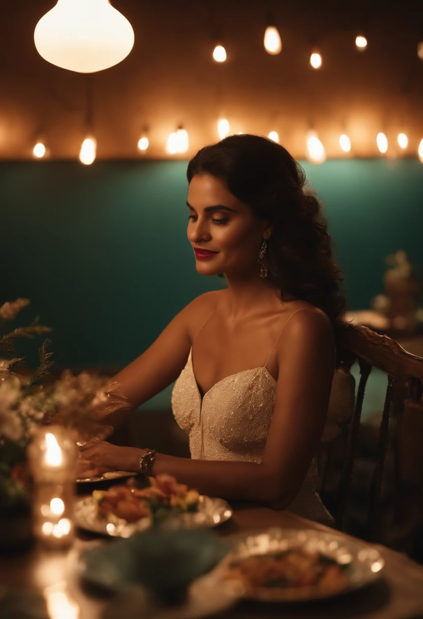 mulher sorridente sentada em uma mesa com um prato de comida, Directed by: Nandor Soldier, imagem de perfil, photo taken at night, Directed by: Siona Shimshi, by Amelia Peláez, by Gina Pellón, Directed by: Felipe Seade, in the nighttime, Directed by: Micha Klein, Directed by: Steven Belledin, Directed by: Matteo Pérez, Directed by: Judith Gutierrez