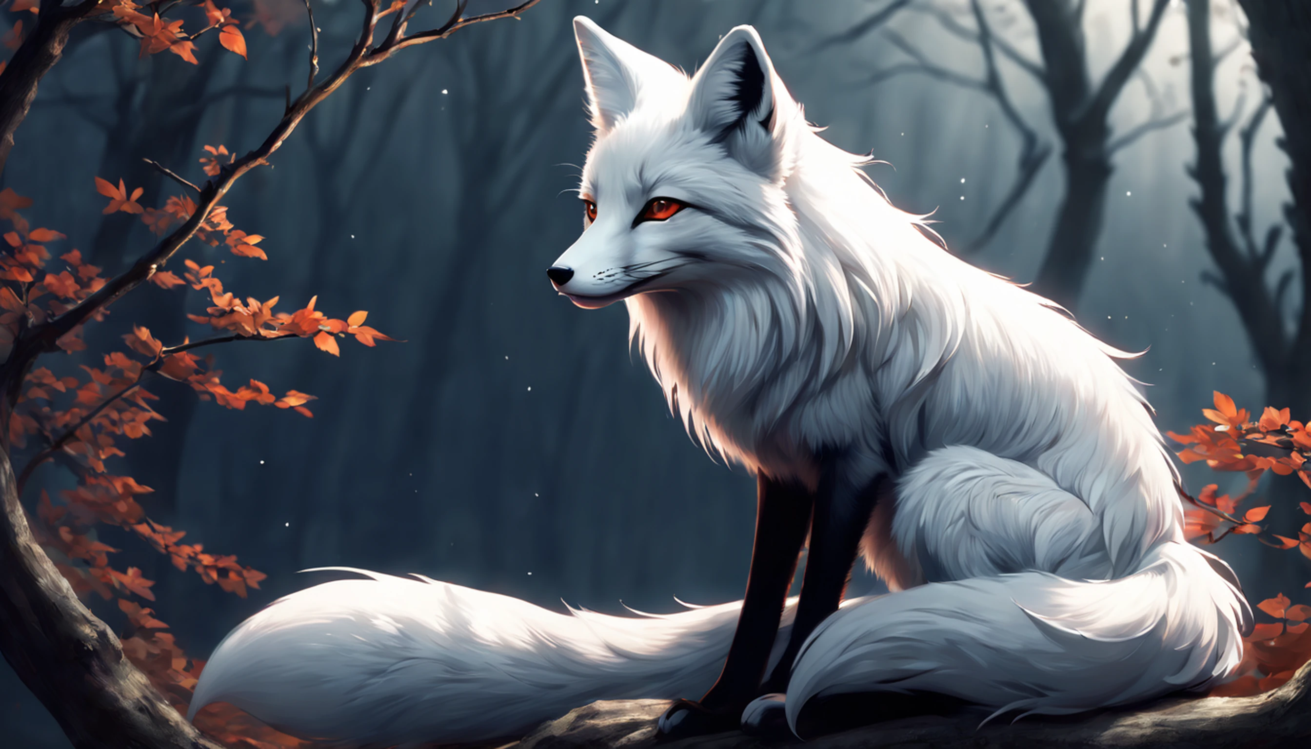 Drawing of a fox with white hair sitting on a branch, ethereal fox, nine-tailed fox, fox three-tailed fox, onmyoji detailed art, nine-tailed, beautiful artwork illustration, mythological creature, fox, beautiful Digital artwork, exquisite digital illustrations, mizutsune, inspired by mythical creatures Wildnet, digital art on pixiv, strong light, high contrast, horror movie theme, dark atmosphere