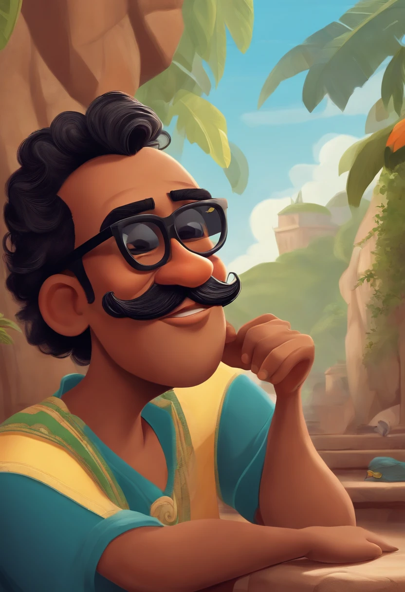 Cartoon character of a man with black glasses, calvo, com cavanhaque, pele branca, magro e alto. Estilo Disney Pixar