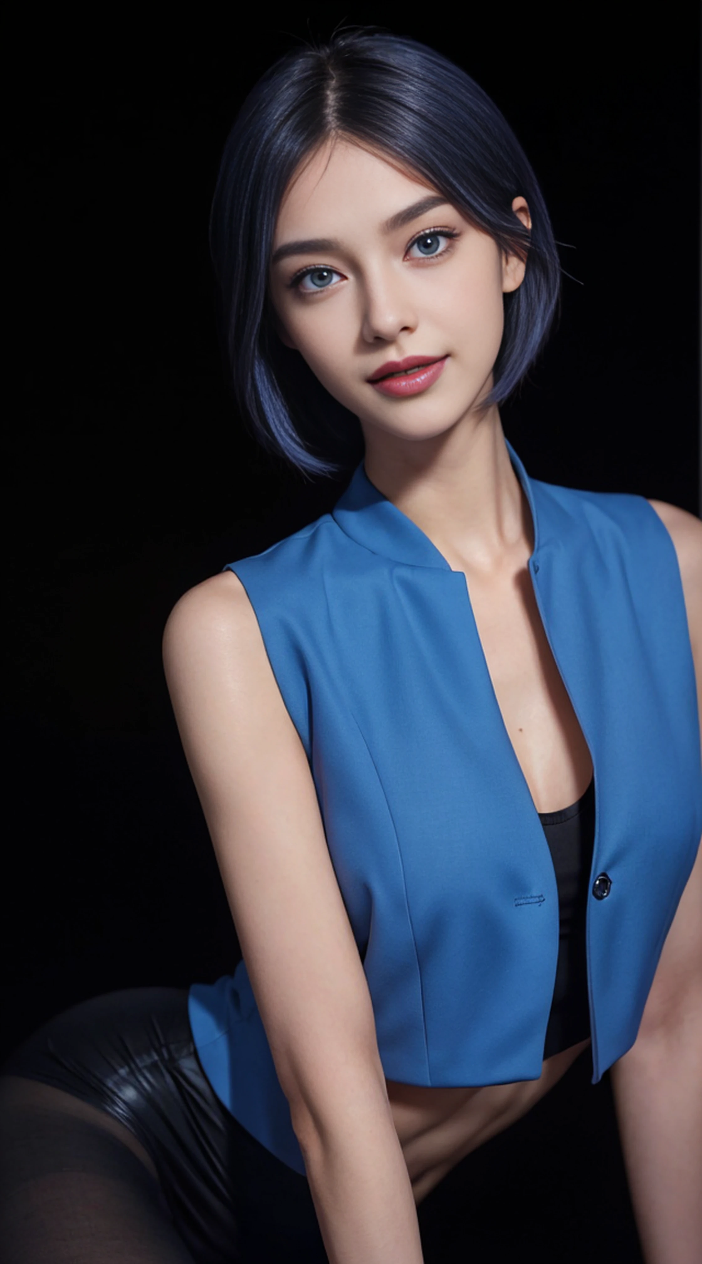 8K, Top Quality, Intricate Details, Ultra Detail, Ultra High Resolution, Masterpiece, random angle,  Slender, Smile, (Makeup: 0.4), (Fluffy Blue Eyes: 1.21), blue Eyes, looking at viewer, ((full body)), 1girl, solo, 1 girl, (( full body)), close up shot, , ((tall)), (((fit body))), (((slim face))), sharp face, sharp eyes, (((random color hair,  )) , (detailed face), sharp face, small lips, 
 (( )), ((open vest)),  detailed face, detailed breast, , large breast, detail ass, , Beautiful girl with accentuated slender abs: 1.4, Six Pack Abs: 1.4, Bust Botox, Big, Perfect Body, detail leg, (( dark background)), black background, (((see the whole body)))