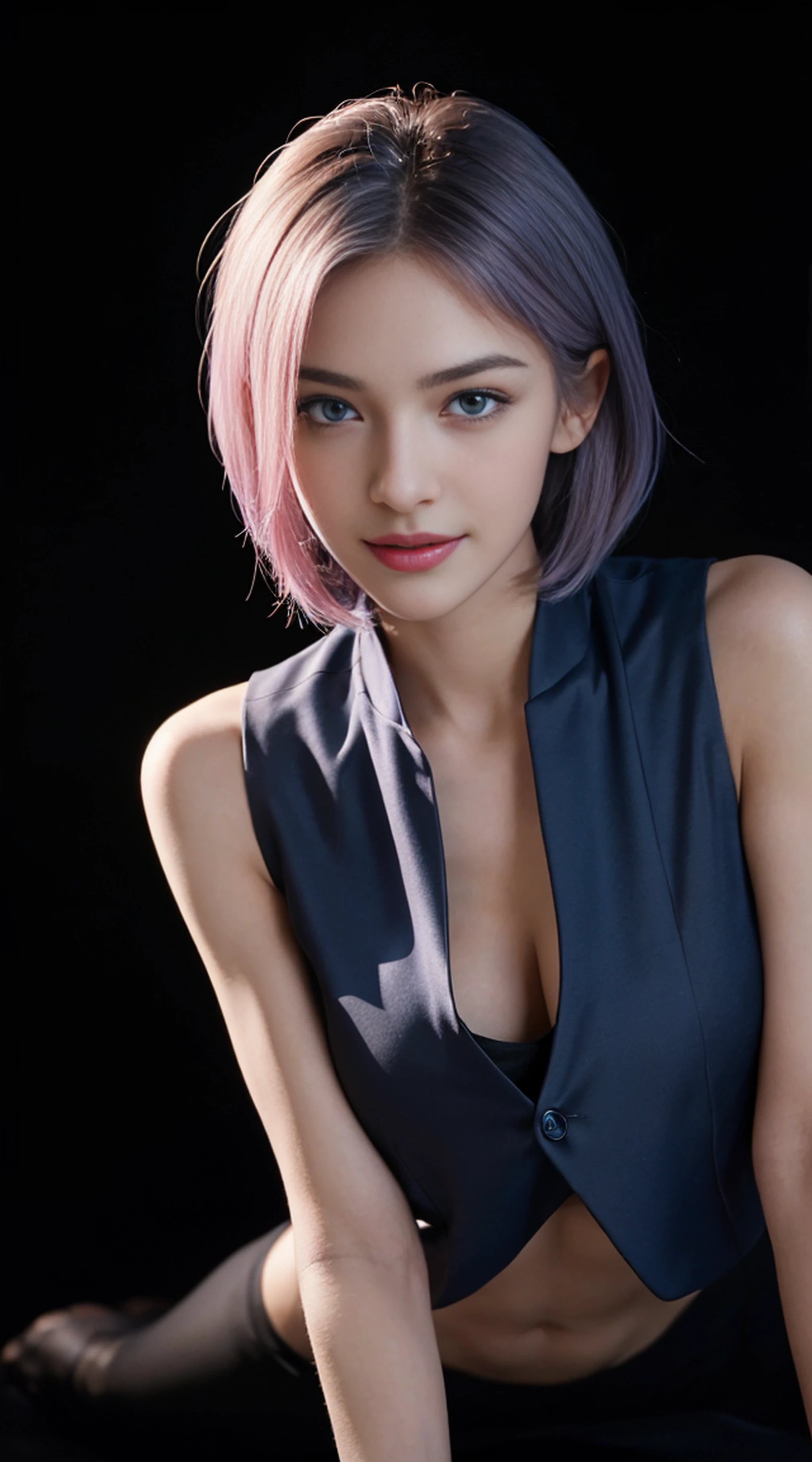 A girl with a light peach complexion, short blue hair that stops at her chin, amd a black turtleneck tanktop.