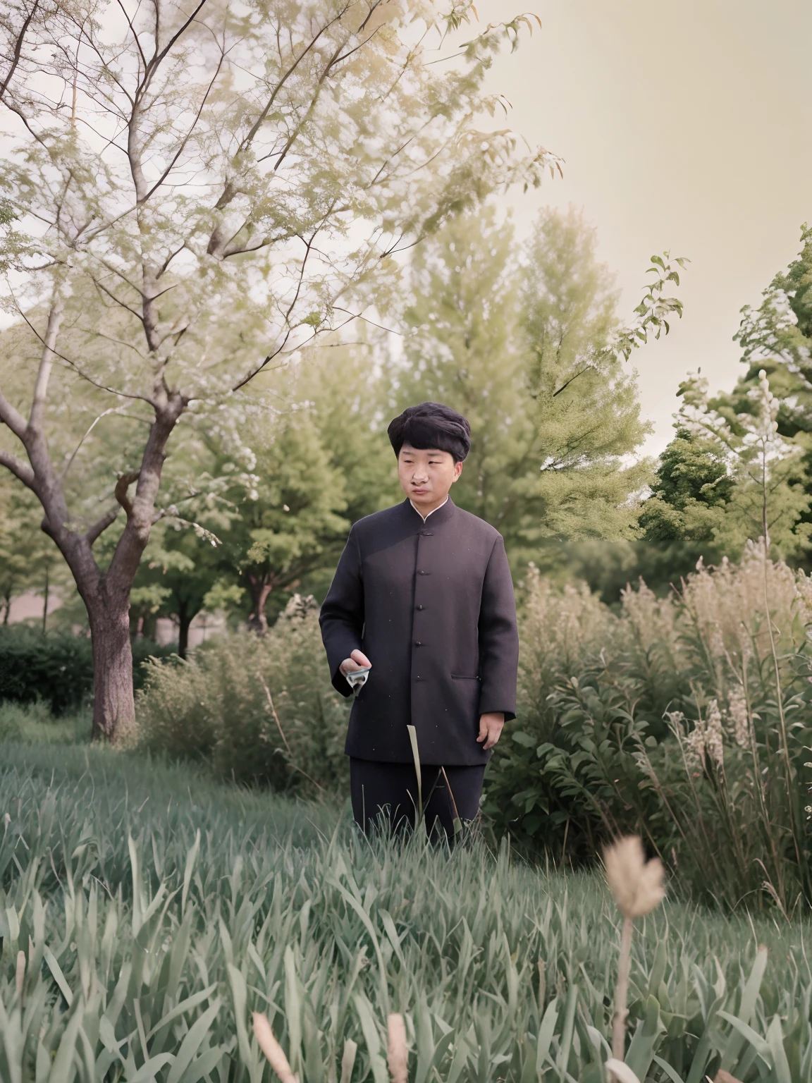 There was a man standing on the grass, photographic still,  , inspired by Li Shan, inspired by Lü Ji，The texture of the clothes is clear，Clothes from the Republic of China period，The background is a tree