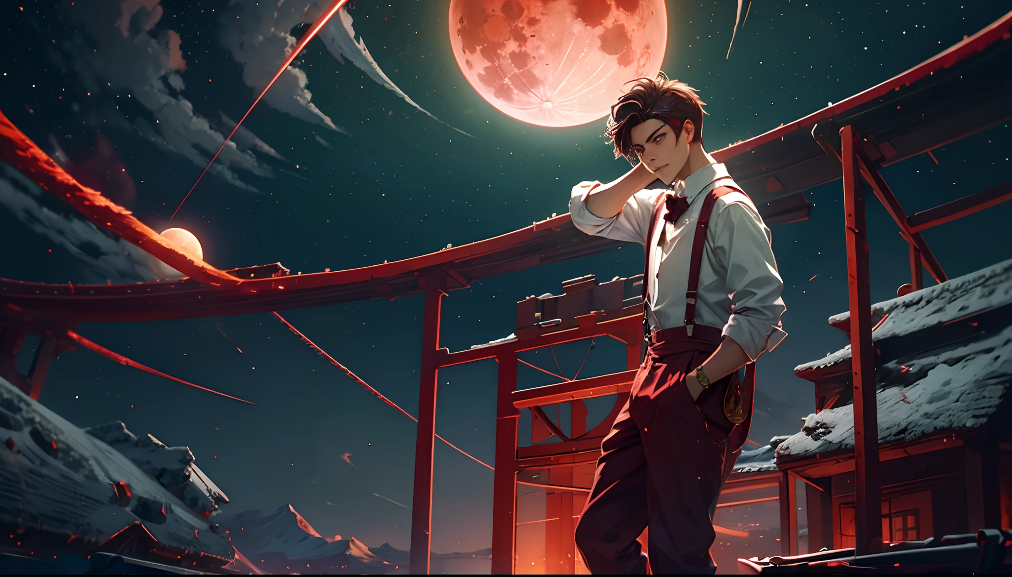 Blood Moon，Long red meteors streak across the sky，The green Northern Lights float overhead，middle parted hairstyle，Suspenders，Boy student
