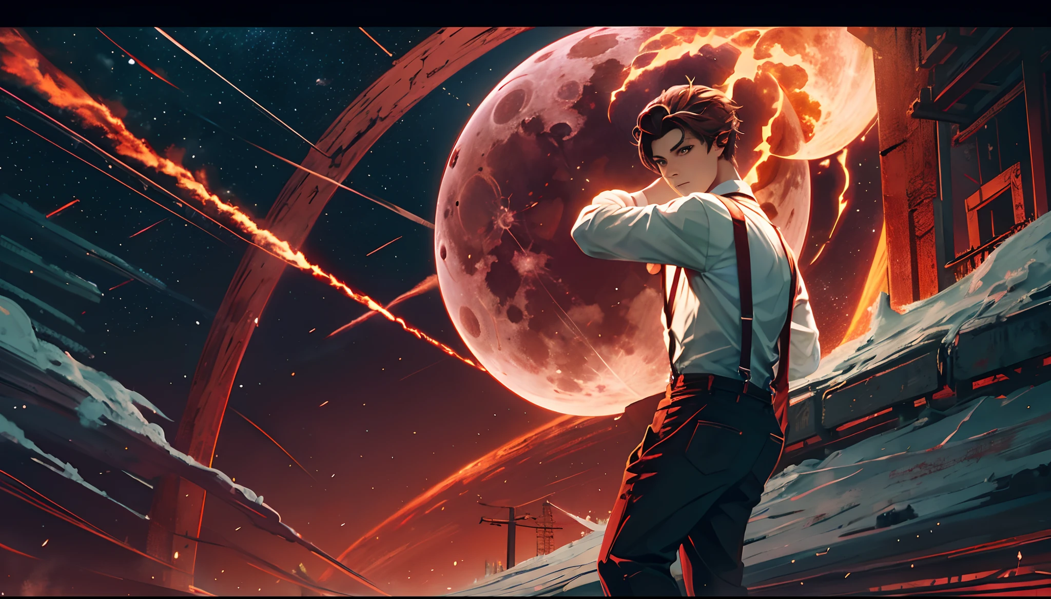 Blood Moon,Long red meteors streak across the sky,The green Northern Lights float overhead,middle parted hairstyle,Suspenders,