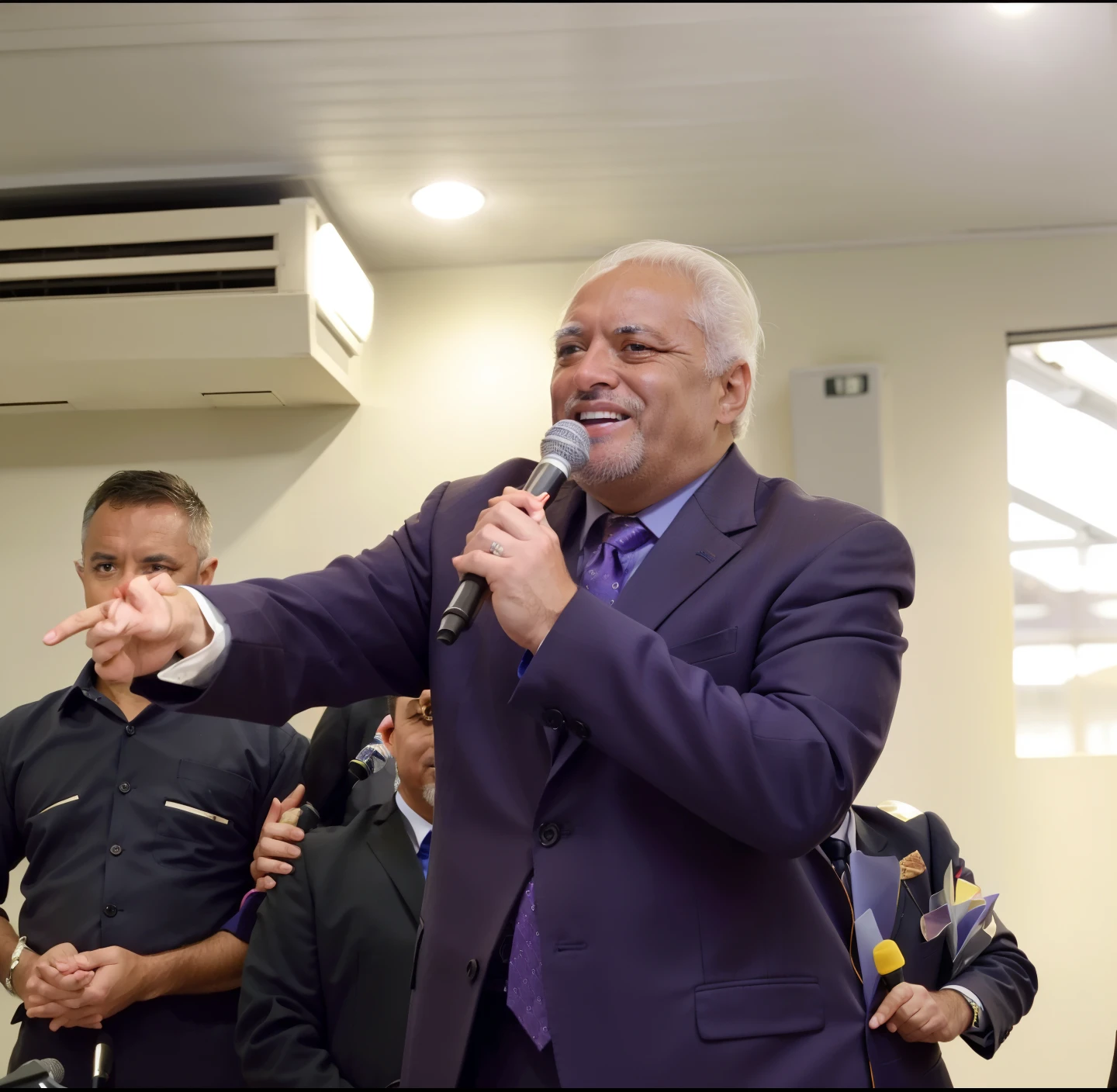there is a man in a purple suit and tie holding a microphone, david rios ferreira, by Willian Murai, by Antonio Parreiras, edu souza, seu madruga, by Felipe Seade, by Robert Combas, luiz escanuela, heraldo ortega, carmelo blandino, by Rodolfo Amoedo