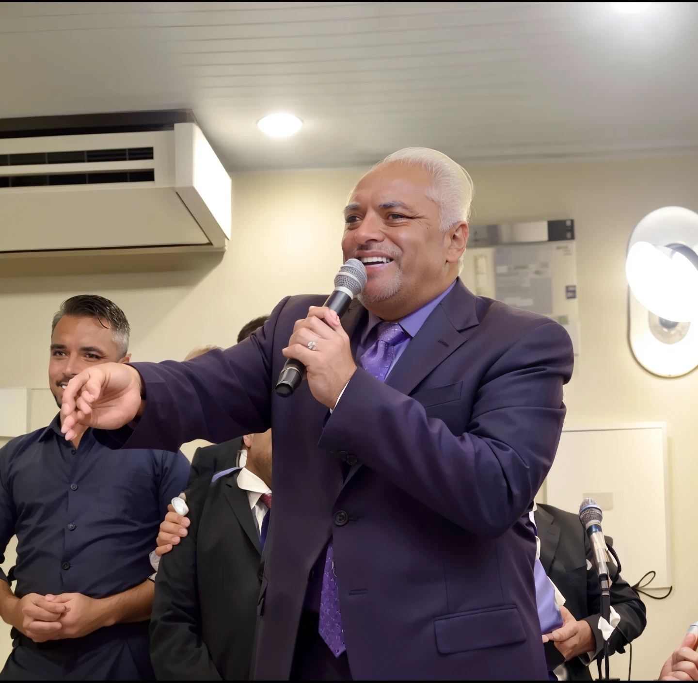 there is a man in a purple suit and tie holding a microphone, david rios ferreira, by Willian Murai, by Antonio Parreiras, edu souza, seu madruga, by Felipe Seade, by Robert Combas, luiz escanuela, heraldo ortega, carmelo blandino, by Rodolfo Amoedo