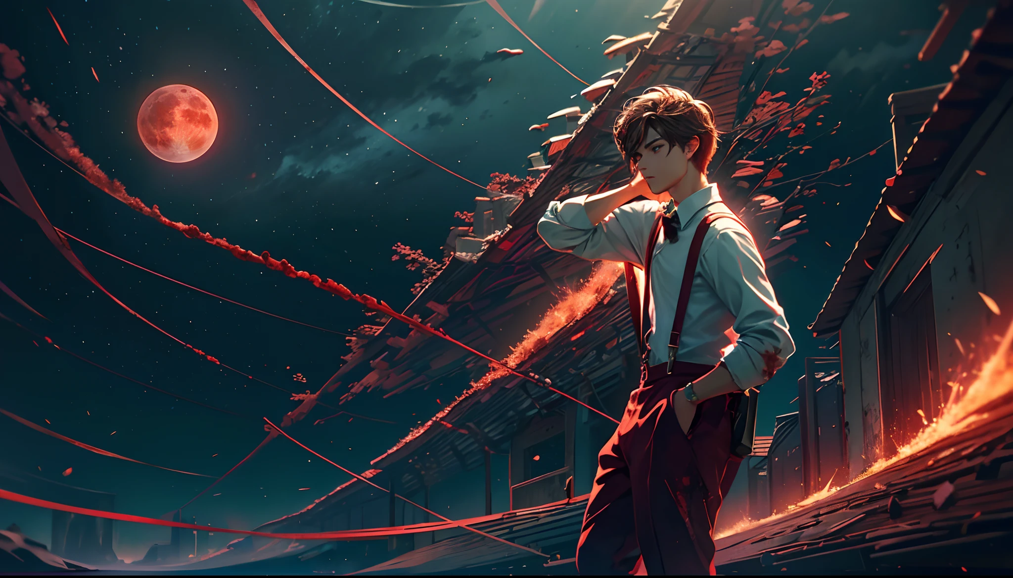 Blood Moon,Long red meteors streak across the sky,The green Northern Lights float overhead,middle parted hairstyle,Suspenders,Boy student