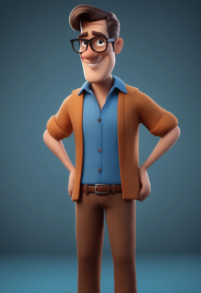 Cartoon character of a man with black glasses and a blue shirt, animation character, Caractere estilizado, animation style rendering, 3D estilizado, Arnold Maya render, 3 d render stylized, toon render keyshot, Personagem 3D, Personagem 3D, 3d rendering stylized, 3 d character render, personagem de desenho animado, Personagem de close up, Pose de personagem, (Estilo Pixar) (master part:1.2) (Bokeh) (best quality) (pele detalhada) (textura detalhada) (8k) (argila) (Cinematic lighting) (foco nítido