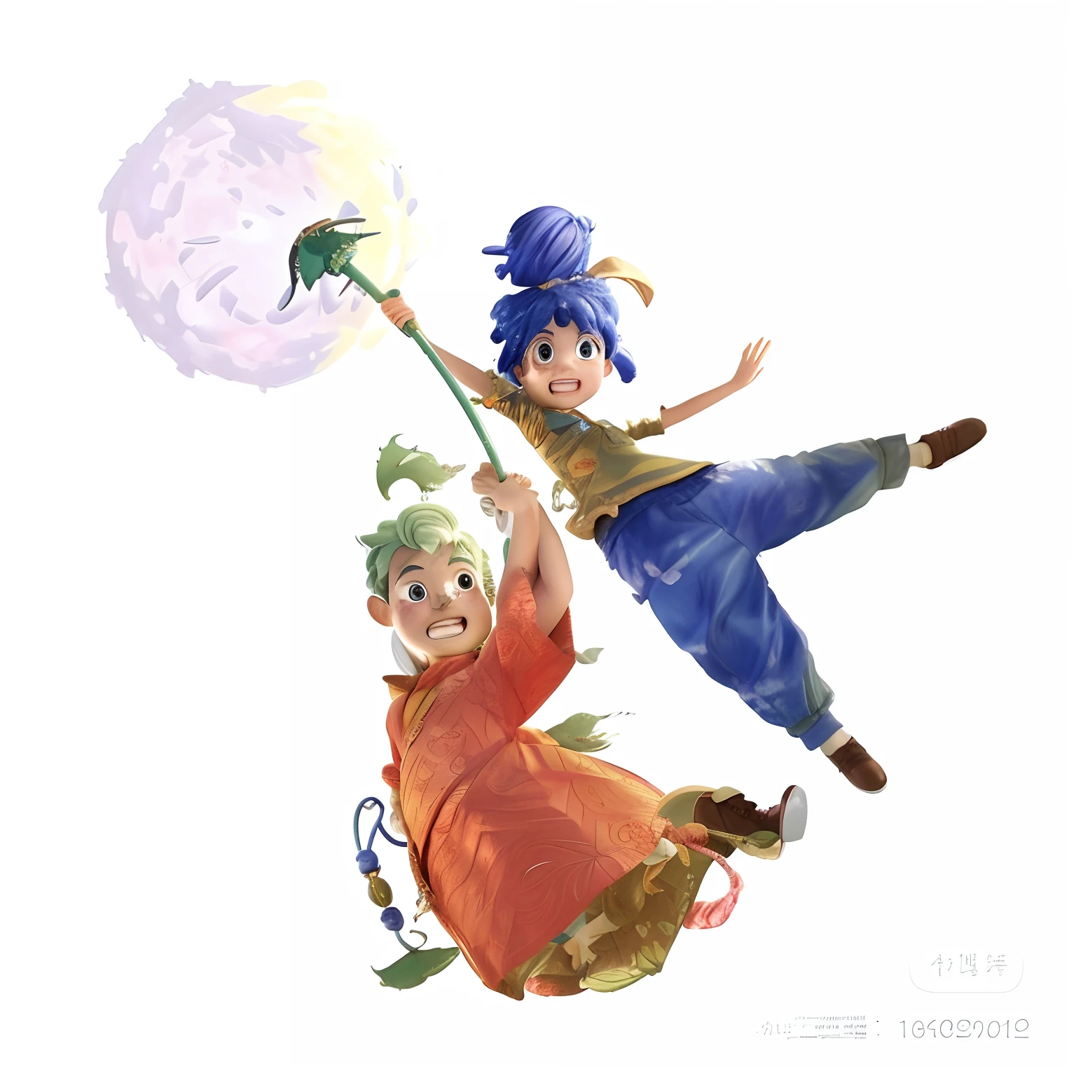There are two children flying in the air, The game is played in pairs，Q version，Dragon Ball concept art, author：Qu Leilei, studio ghibli painterly style, rob rey and kentaro miura style, hirohiko araki artwork, production art, full-colour illustration, medium shot of two characters, inspired by Pan Tianshou, offcial art, author：Yan Hui