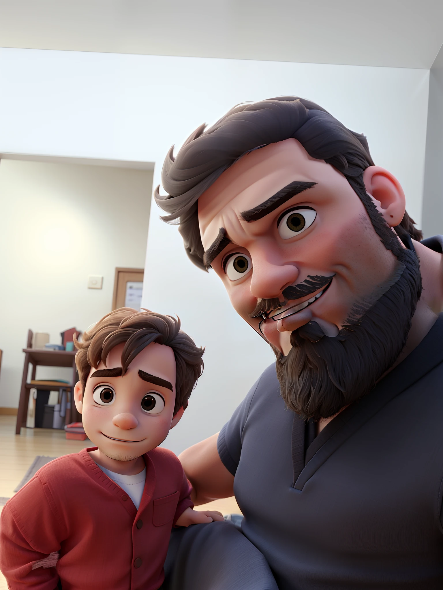 A father with Tony short hair Black eyes and Gray beard, holding his son, his son has a short red hair and black eyes. They are both happy