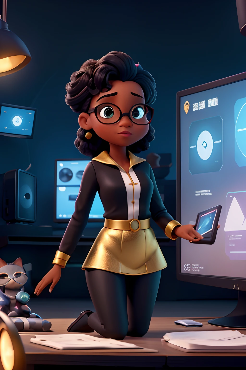 Capa de filme estilo Disney, uma mulher negra com 45 anor,Llindiíssima,cabelos negros ondulados e de tamanho medio,Wearing gold-rimmed cat-eye glasses with multiple monitors and graphics showing internet consumption in a futuristic environment