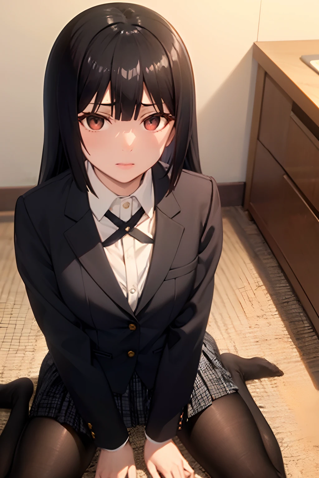 Prompt: (masterpiece), best quality, expressive eyes, perfect face, A girl girl wearing a black miniskirt and black pantyhose with a red and black blazer one, school girl, heart eyes, looking at viewer with lust, Dark brown hair, kneeling, small chest, down to viewer's eye level