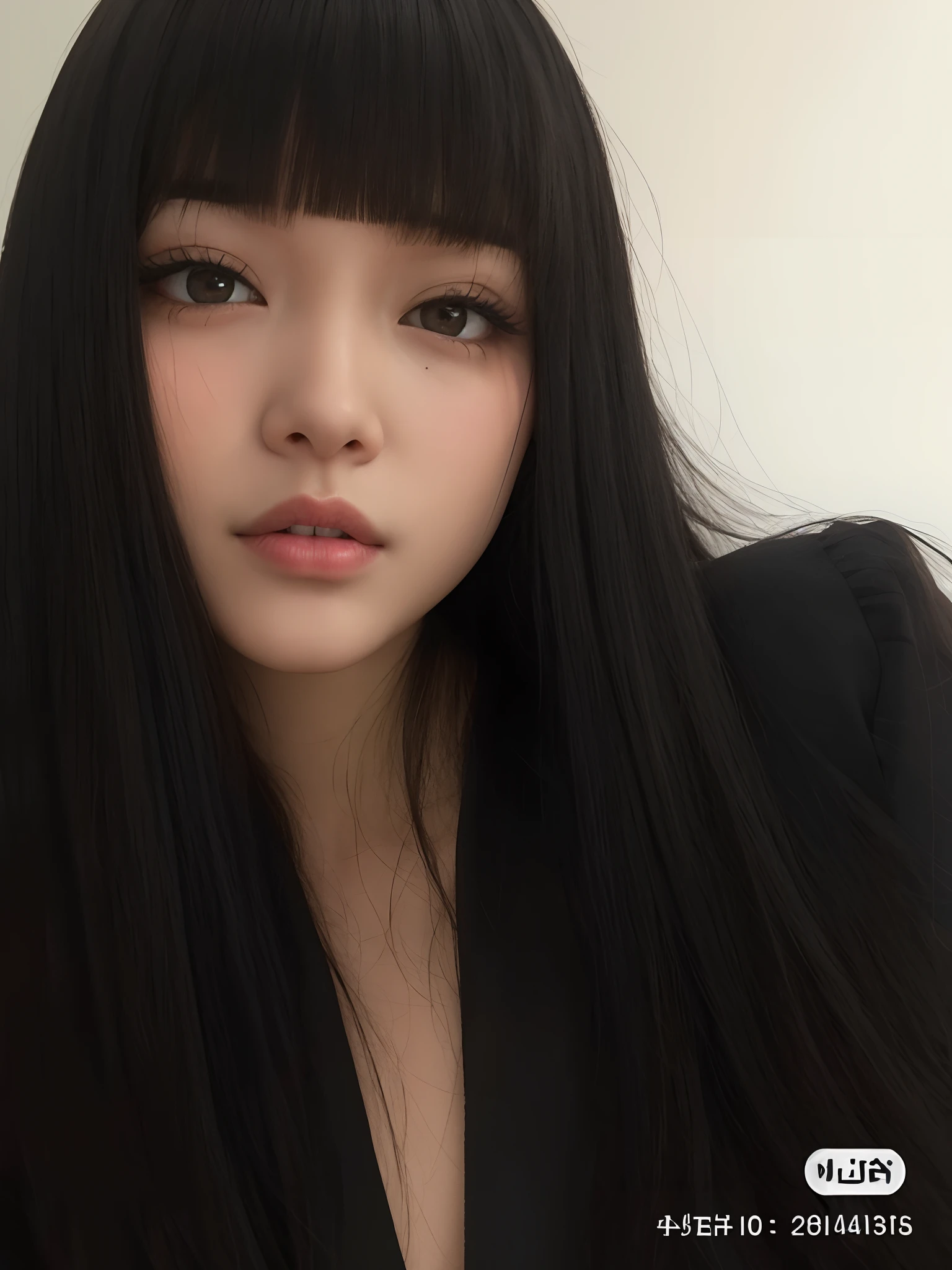 um close up de uma mulher com longos cabelos pretos vestindo uma camisa preta, Ela tem cabelo preto com franja, Franja reta longa, cabelo preto longo com franja, Ulzzang, menina coreana, cabelos escuros longos com franja, cabelo blackbangs cabelo, preto hime corte cabelo, menina bonito-fino-cara, Asian girl with long hair, Beautiful Asian girl, korean face features