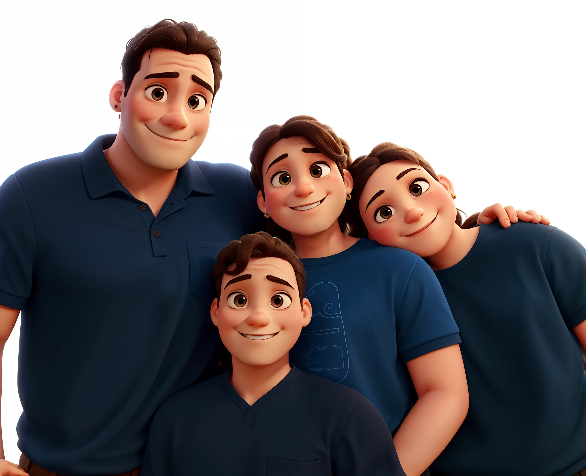 One family, The father is on the left., ele tem um sinal na testa. The mother is in the middle, coloque um brinco nela. The boy has his head leaning on his mother's shoulder and the girl is in front, Put hair up to the ombo and earrings. estilo Disney pixar, alta qualidade, melhor qualidade, Everyone is smiling