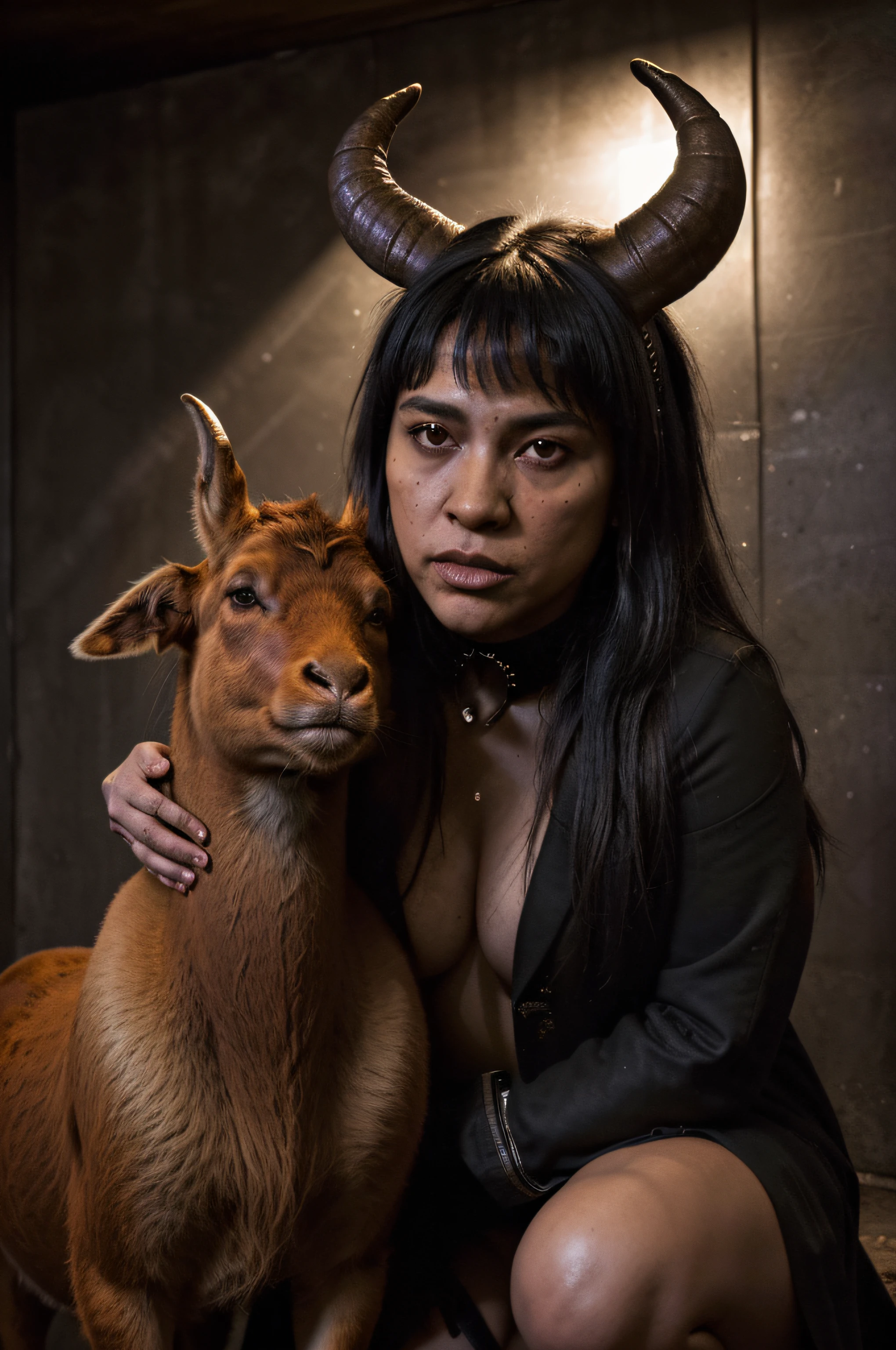"(The best lighting, contraste, dramatic),(Chica junto a una cabra negra gigante y deforme, behemoth, feto, autopsia, huesos humanos, sangre por las paredes). Luz Caravaggio"