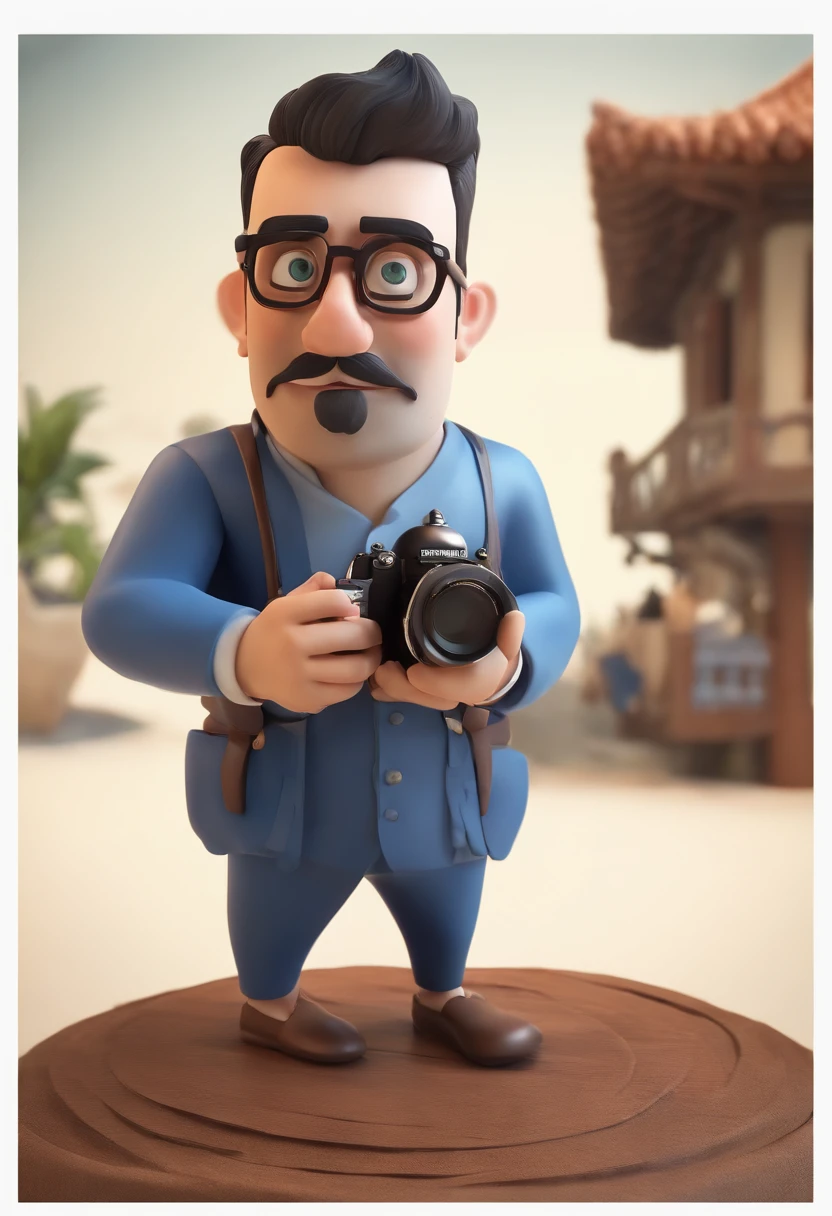 Cartoon character of a man wearing black glasses and a blue shirt, bigode pequeno, holding a camera, um kimono escorado no ombro do personagem, um personagem animado, Caractere estilizado,  animation style rendering, 3D estilizado, Arnold Maya render, 3 d render stylized, toon render keyshot, Personagem 3D, Personagem 3D, 3d rendering stylized, 3 d character render, personagem de desenho animado, Personagem de close up, Pose de personagem,  (Estilo Pixar) (master part:1.2) (Bokeh) (best quality) (pele detalhada) (textura detalhada) (8k) (argila) (Cinematic lighting) (foco nítido