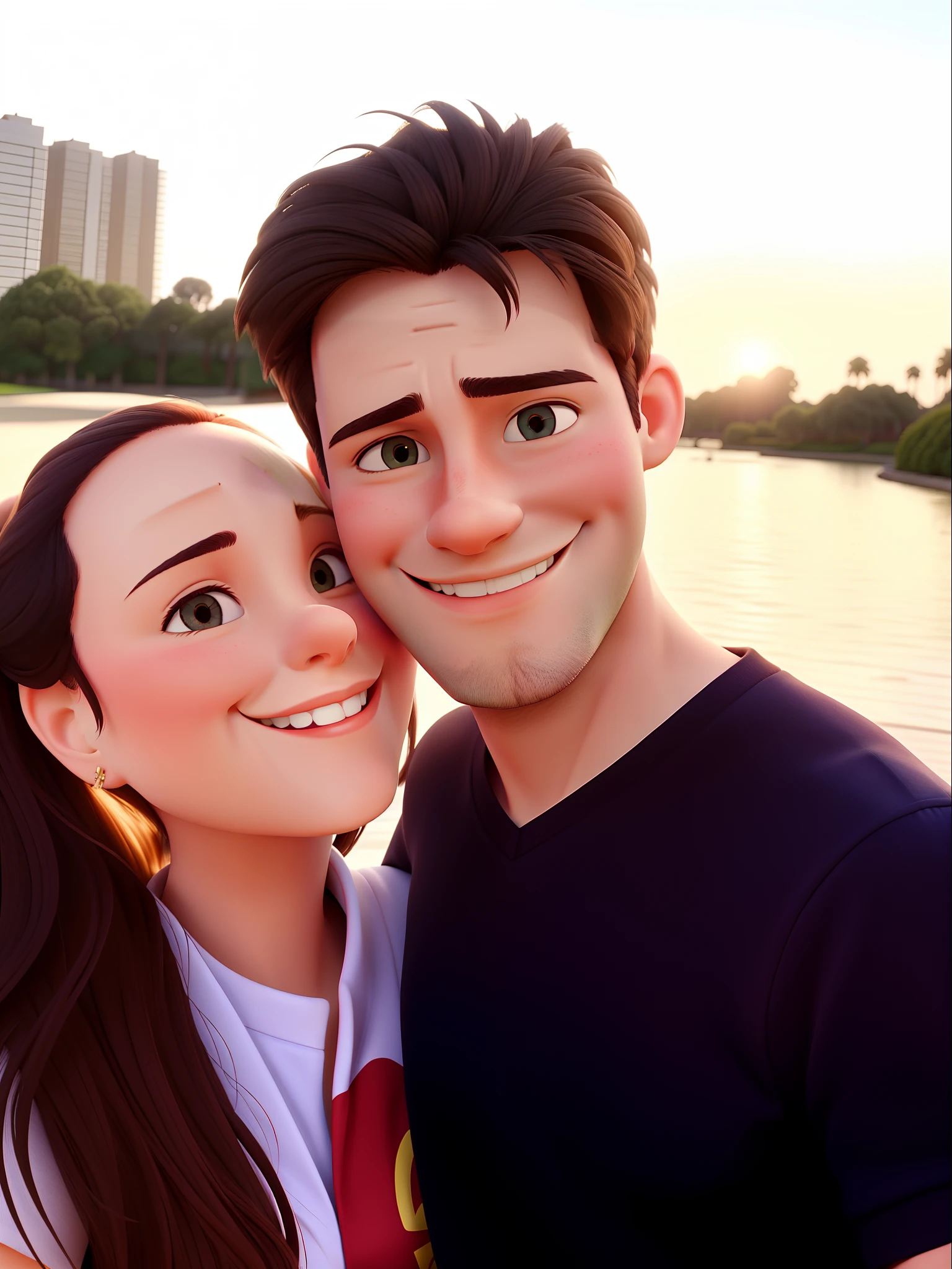 Hugging couple smiling for a sianey style selfi