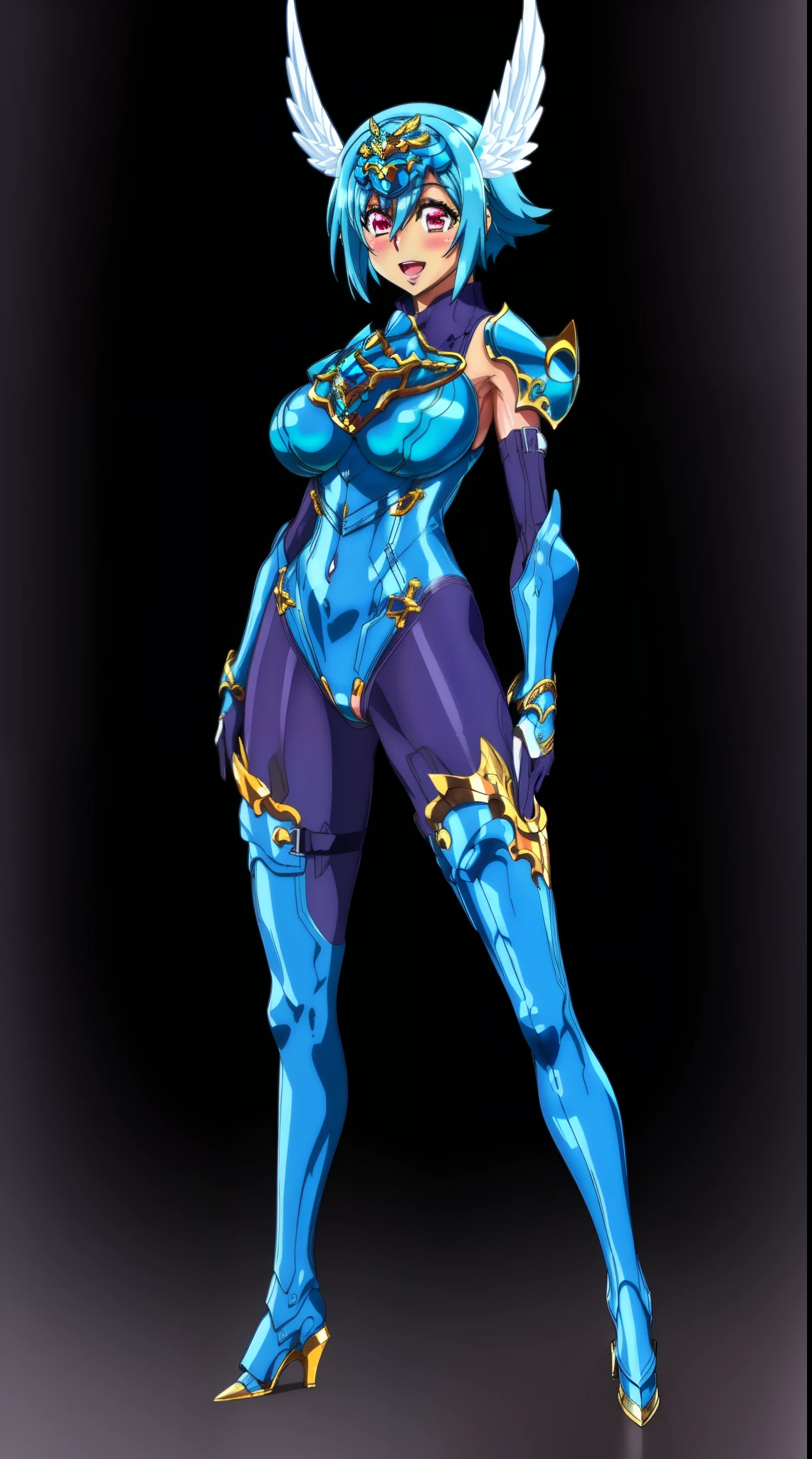 full body kneeling on high heels (Female drow slave bikini chest covered)(smile) Gray skin, pale golden hair and violet eyes. She prefer's clothing of white and silver with cloaks of deep blue or purple, grey background, huge_knockers, ((very precise detailed)) ((highres)
