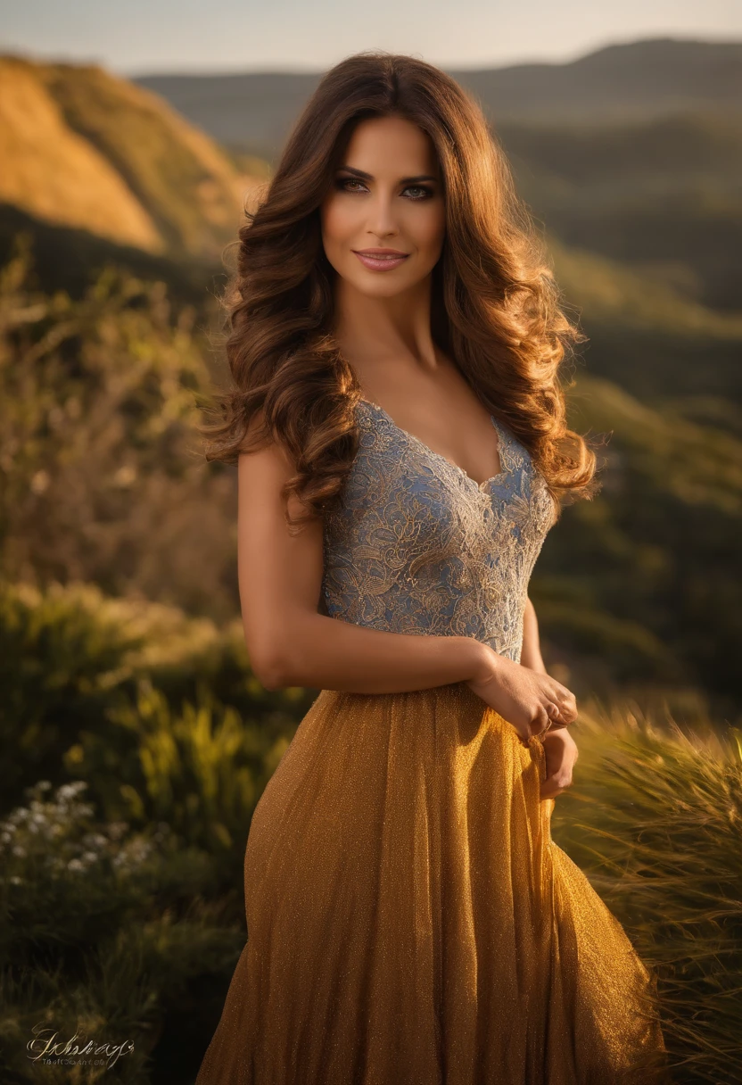 menina: Chloe, aproximadamente 5 anos de idade, cabelo curto estilo Disney, olhos castanhos e sorrisos. mulher: Flavia, 29 anos, longos cabelos loiros. homem: Vasco, 39 anos,  scenecy: Chloe, Vasco and Flavia are in a valley, ao fundo um dia ensolarado e um castelo, Destacando o Sol.